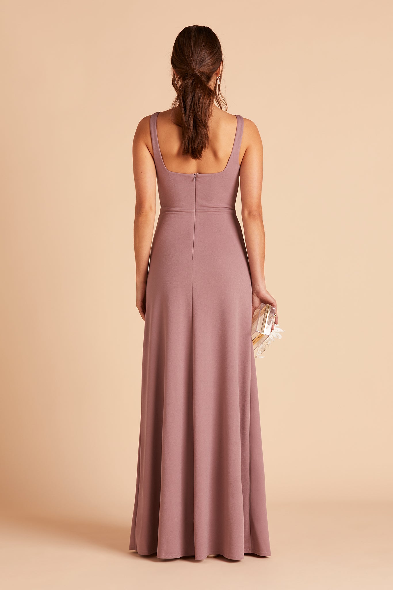 Alex convertible bridesmaid dress with slit in dark mauve crepe by Birdy Grey, back view