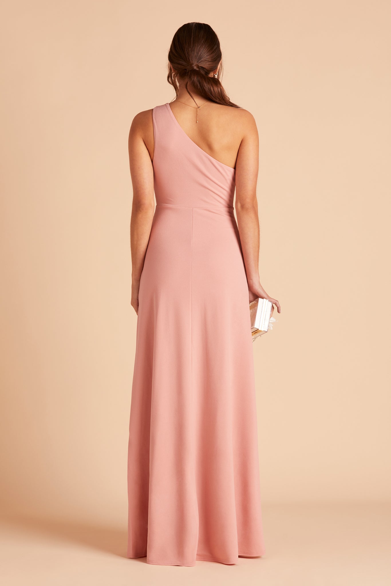 Kira bridesmaid dress with slit in dusty rose crepe by Birdy Grey, back view