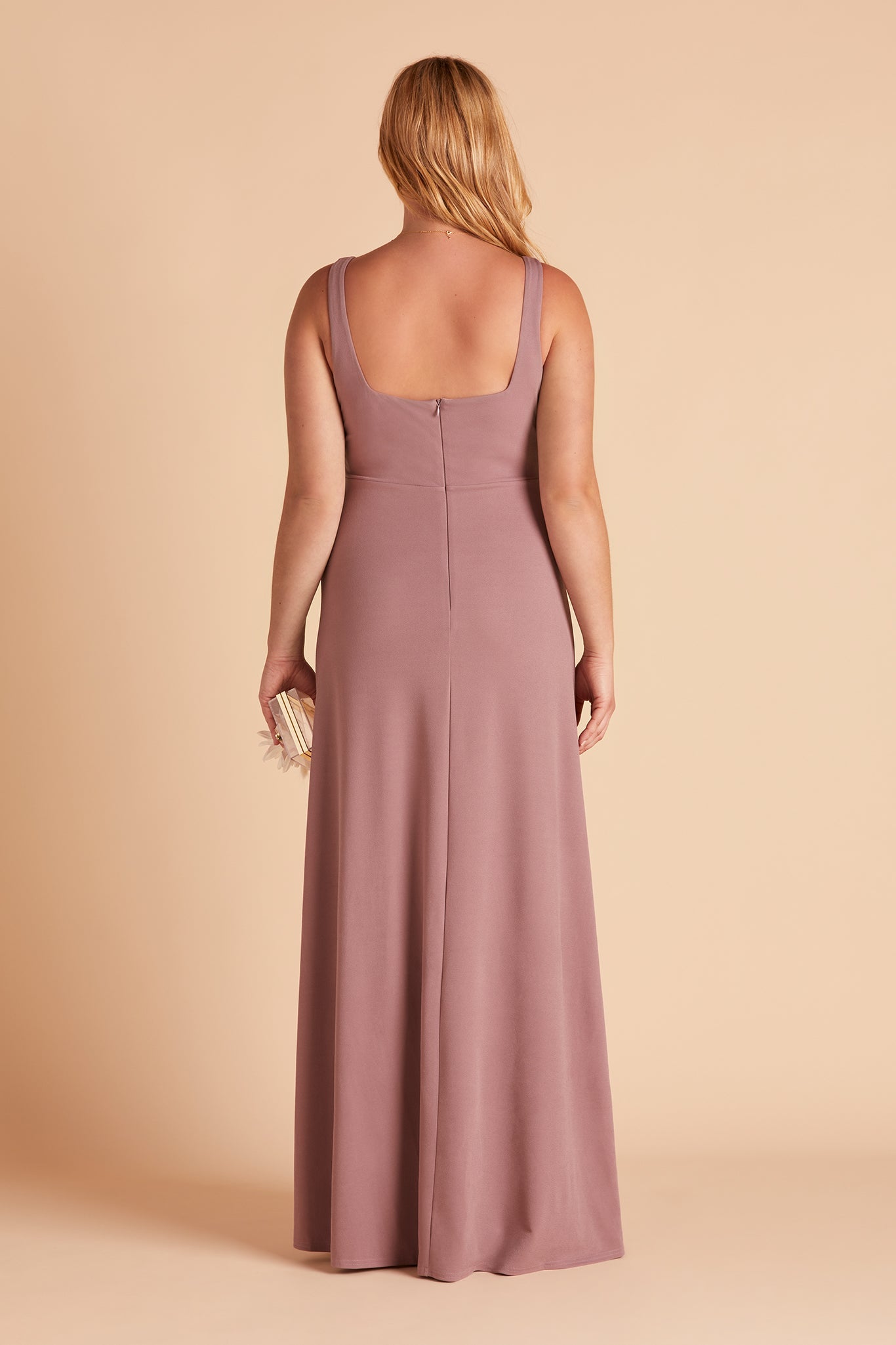 Alex convertible plus size bridesmaid dress with slit in dark mauve crepe by Birdy Grey, back view