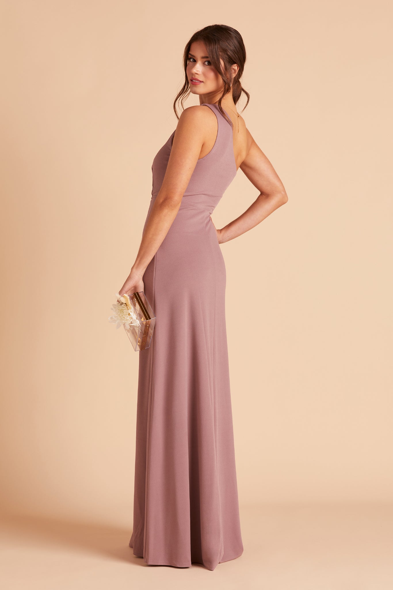 Kira bridesmaid dress with slit in dark mauve crepe by Birdy Grey, side view
