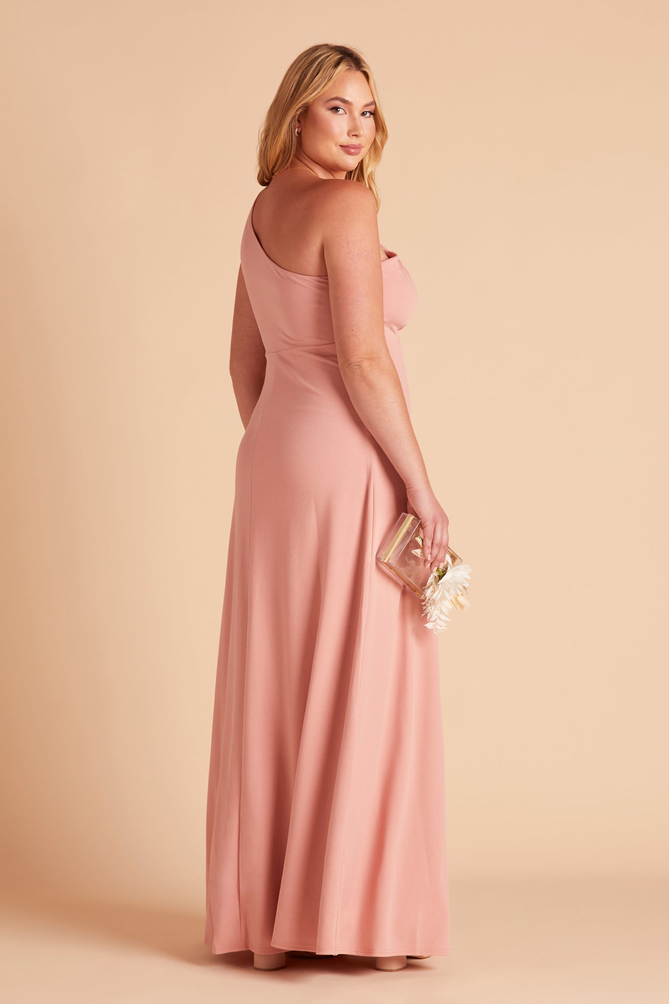 Kira plus size bridesmaid dress with slit in dusty rose crepe by Birdy Grey, side view