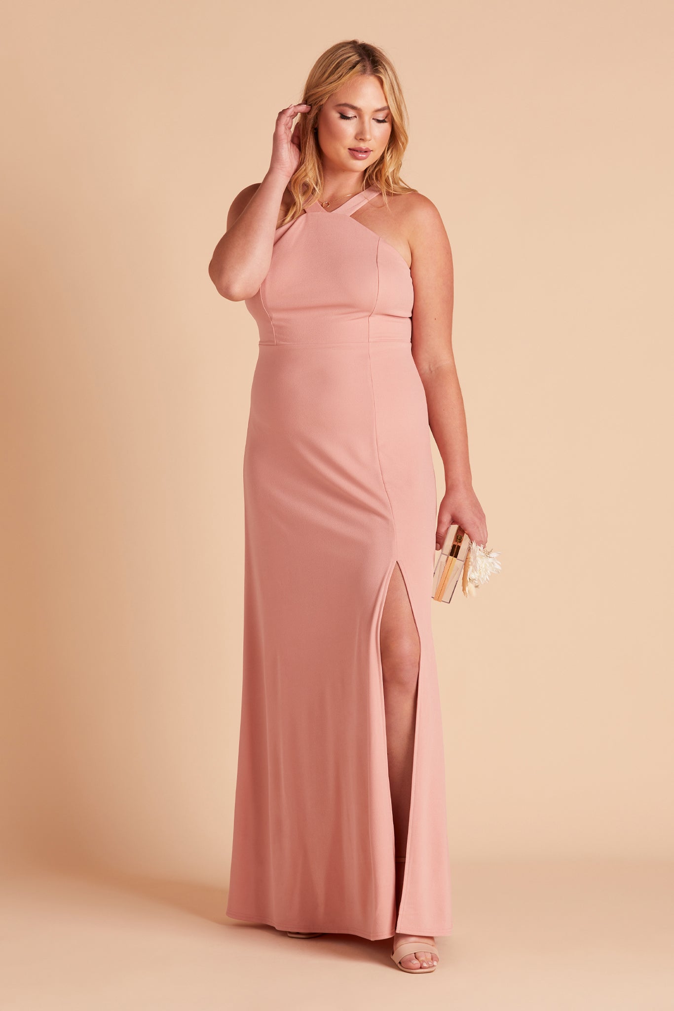 Gene plus size bridesmaid dress with slit in dusty rose crepe by Birdy Grey, front view
