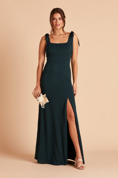 Alex convertible bridesmaid dress with slit in emerald crepe by Birdy Grey, front view