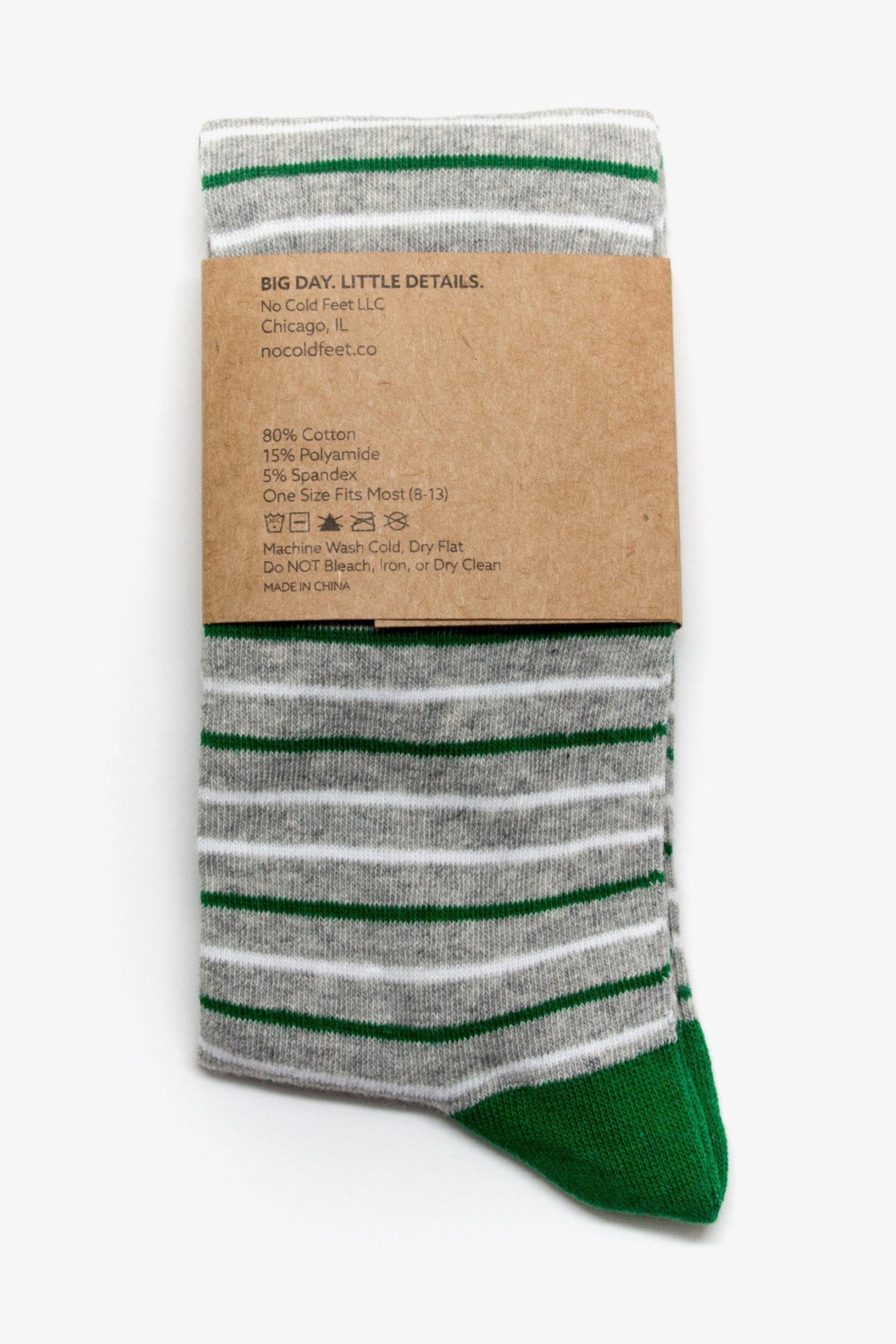 Green Striped Groomsmen Socks by No Cold Feet, back view
