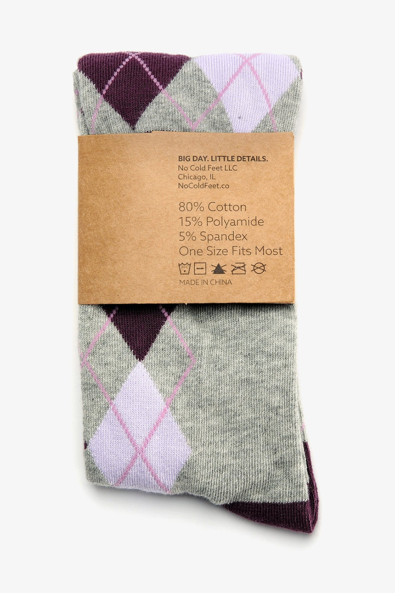 Purple and Grey Argyle Groomsmen Socks by No Cold Feet, back view