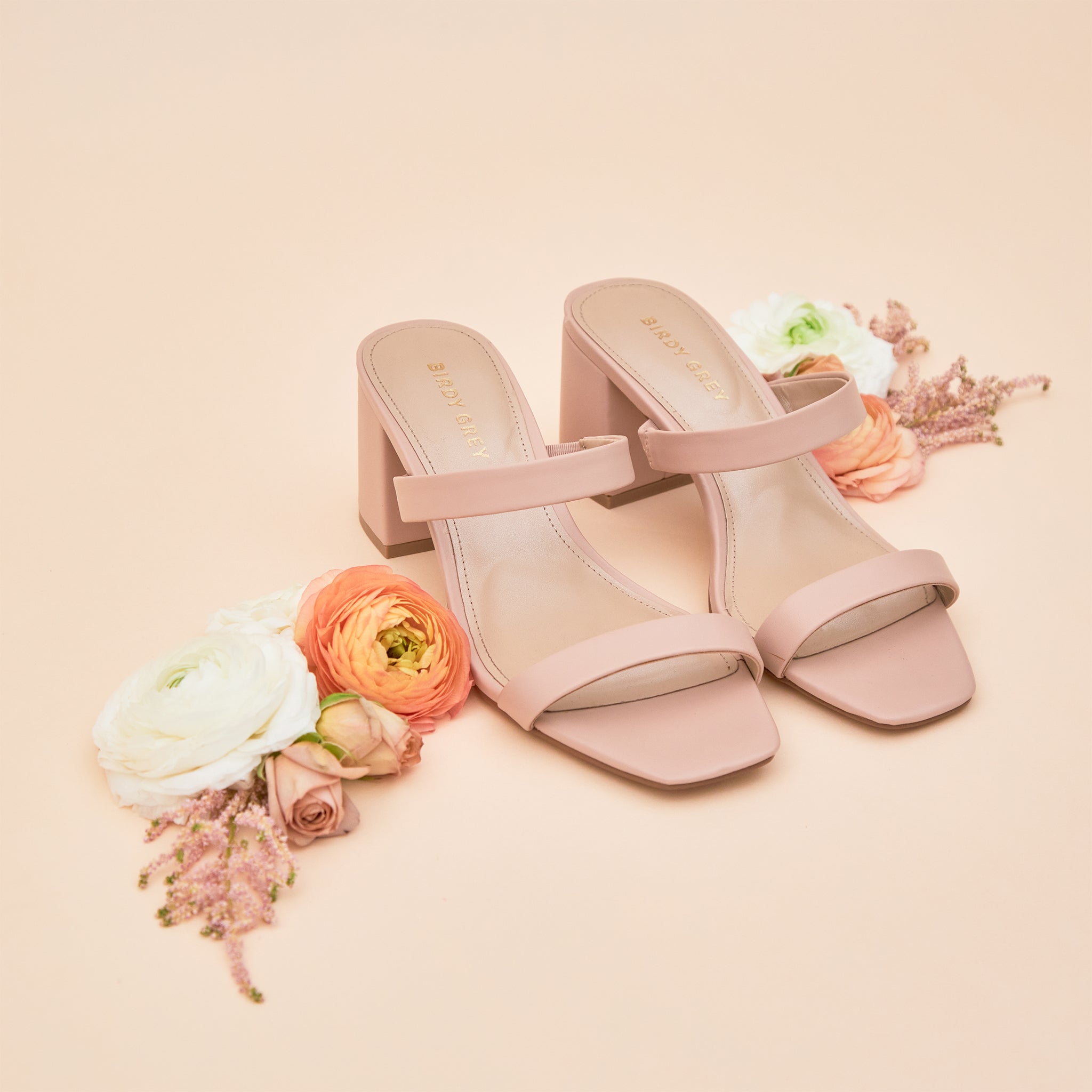 Alby Low Chunky Heel in Nude Blush by Birdy Grey, front view