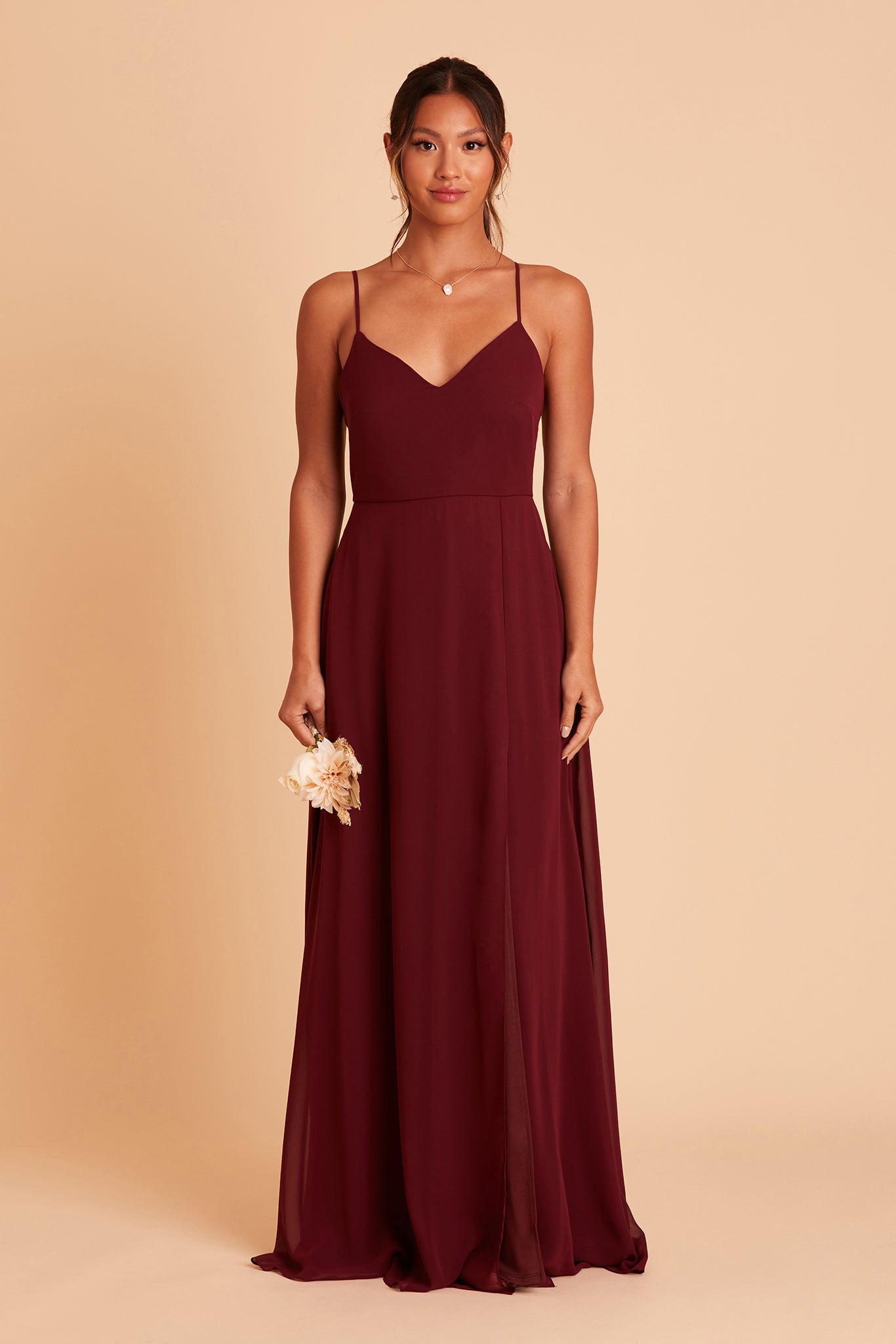 Adelle bridesmaid dress with slit in cabernet burgundy chiffon by Birdy Grey, front view