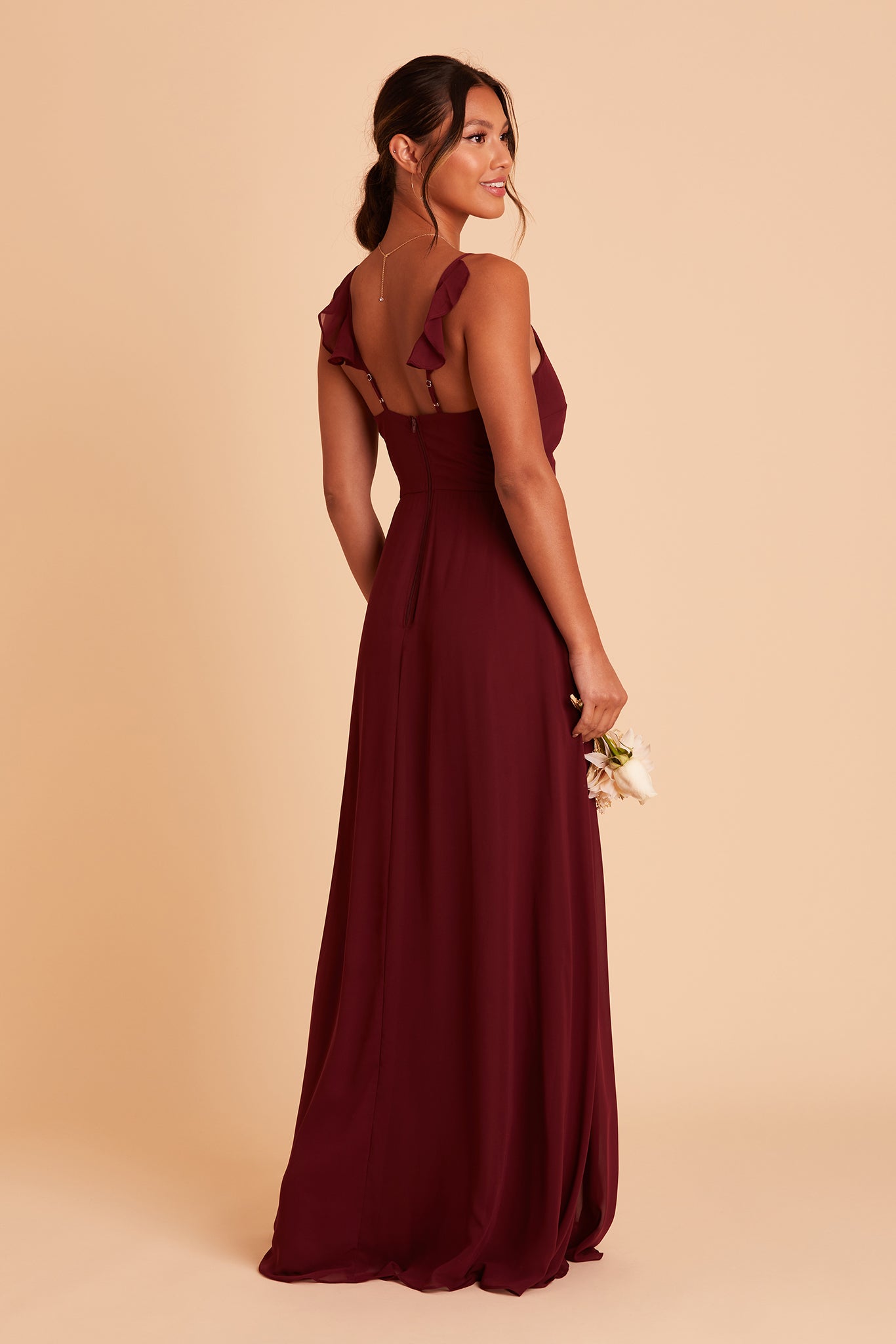 Adelle bridesmaid dress with slit in cabernet burgundy chiffon by Birdy Grey, back view