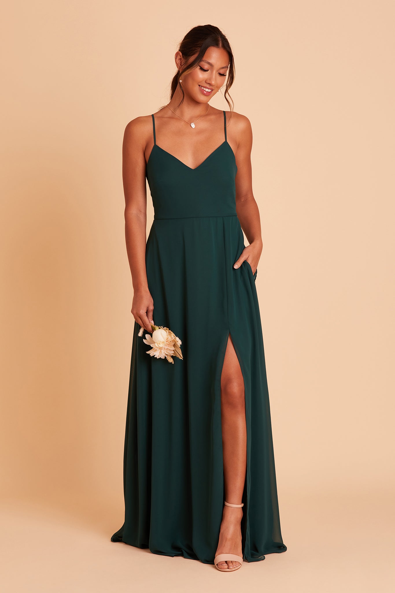 Adelle bridesmaid dress with slit in emerald chiffon by Birdy Grey, front view