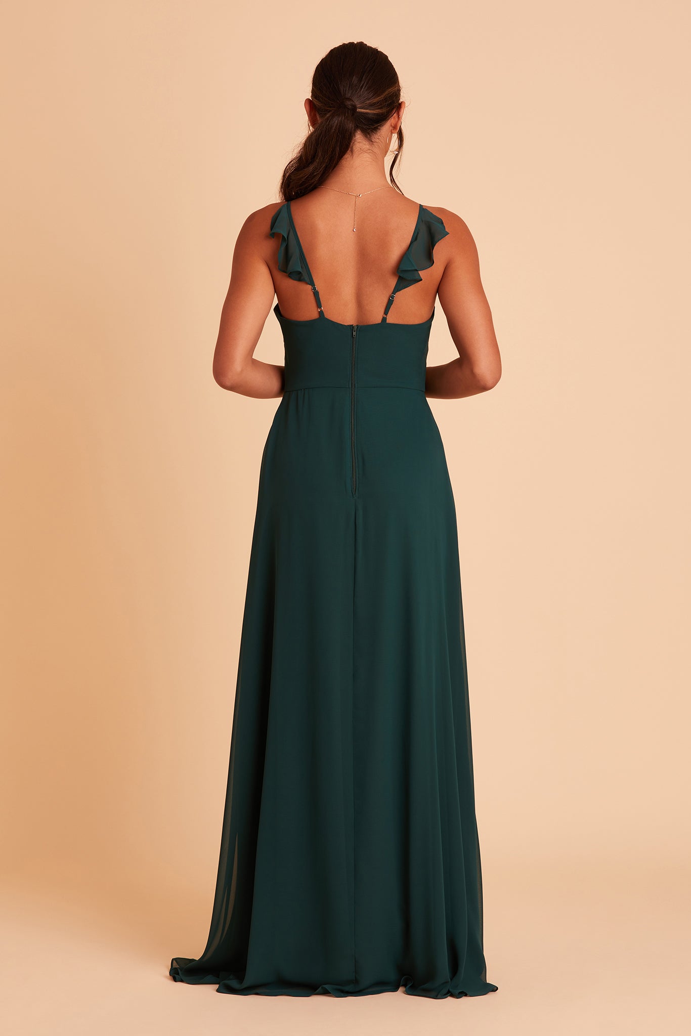 Adelle bridesmaid dress with slit in emerald chiffon by Birdy Grey, back view