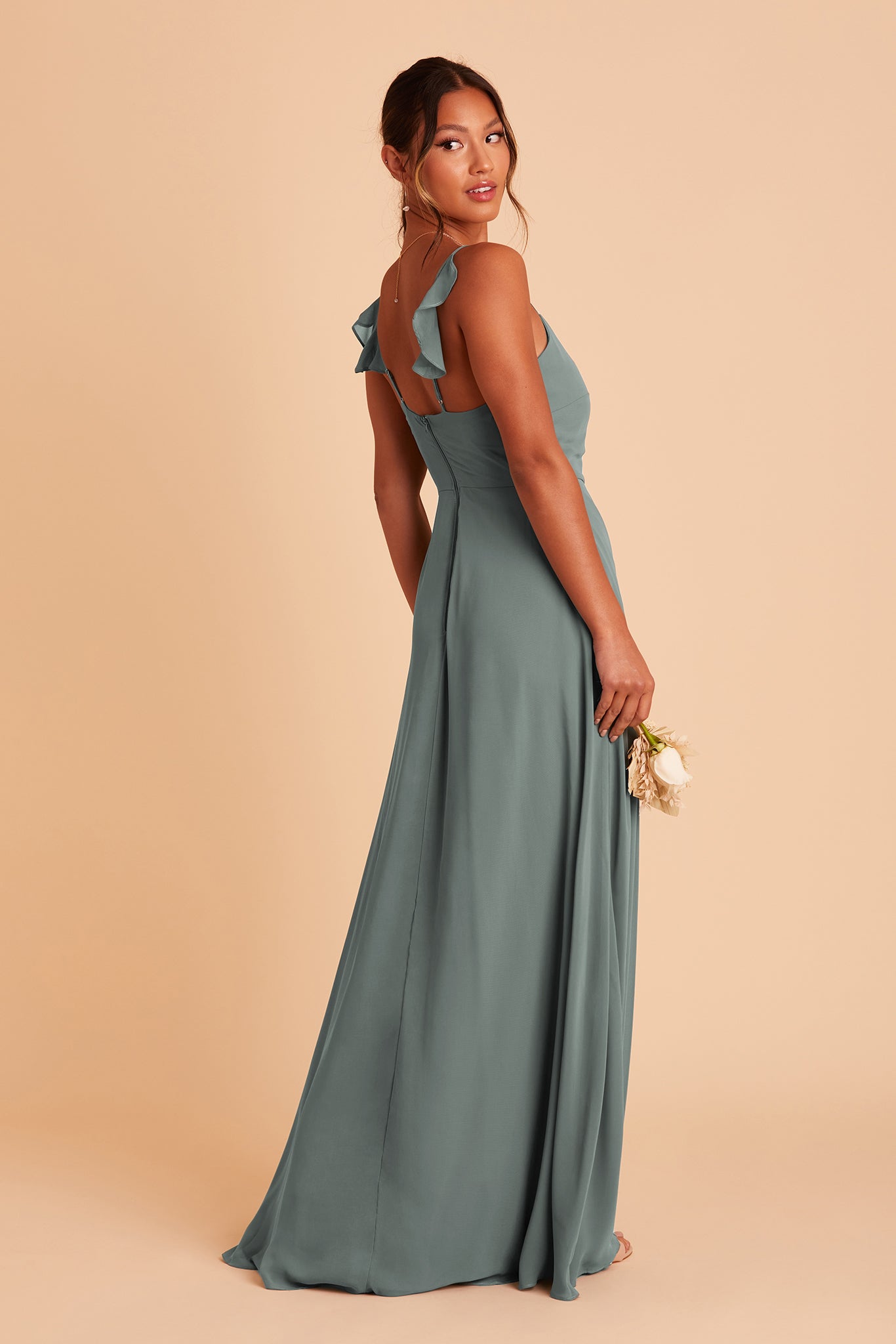 Adelle bridesmaid dress with slit in sea glass chiffon by Birdy Grey, side view
