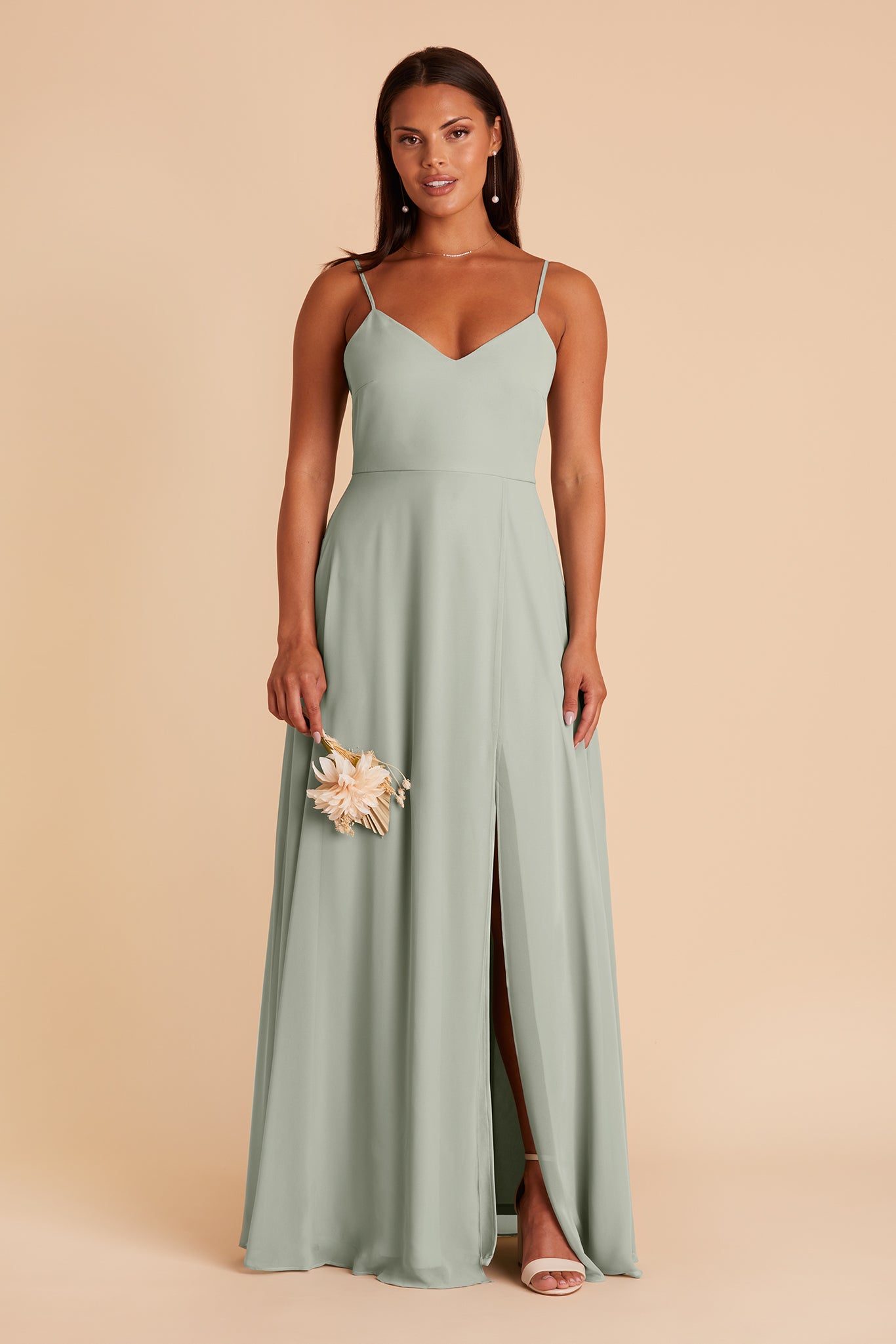 Adelle bridesmaid dress with slit in sage chiffon by Birdy Grey, front view