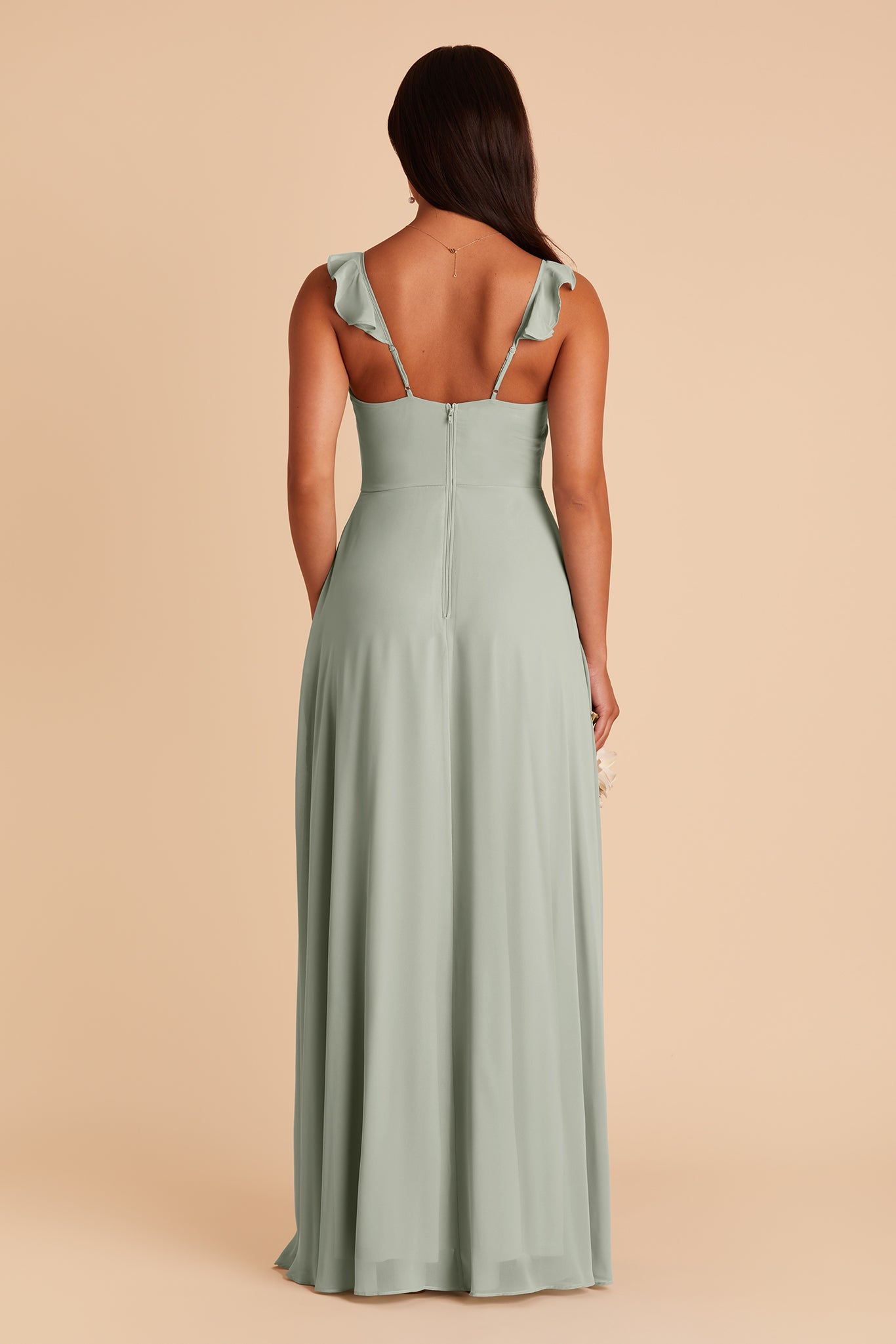 Adelle bridesmaid dress with slit in sage chiffon by Birdy Grey, back view