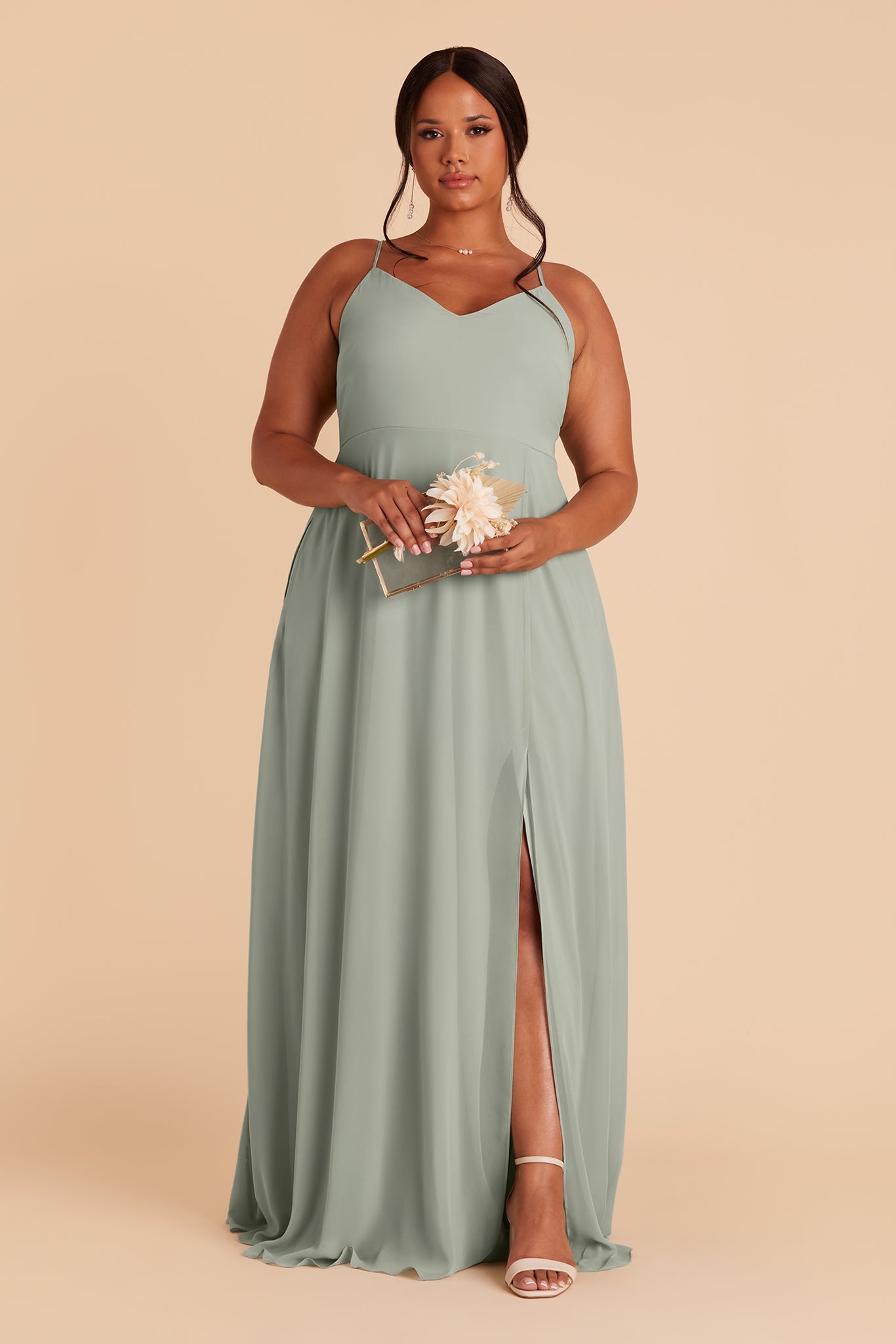 Adelle plus size bridesmaid dress with slit in sage chiffon by Birdy Grey, front view