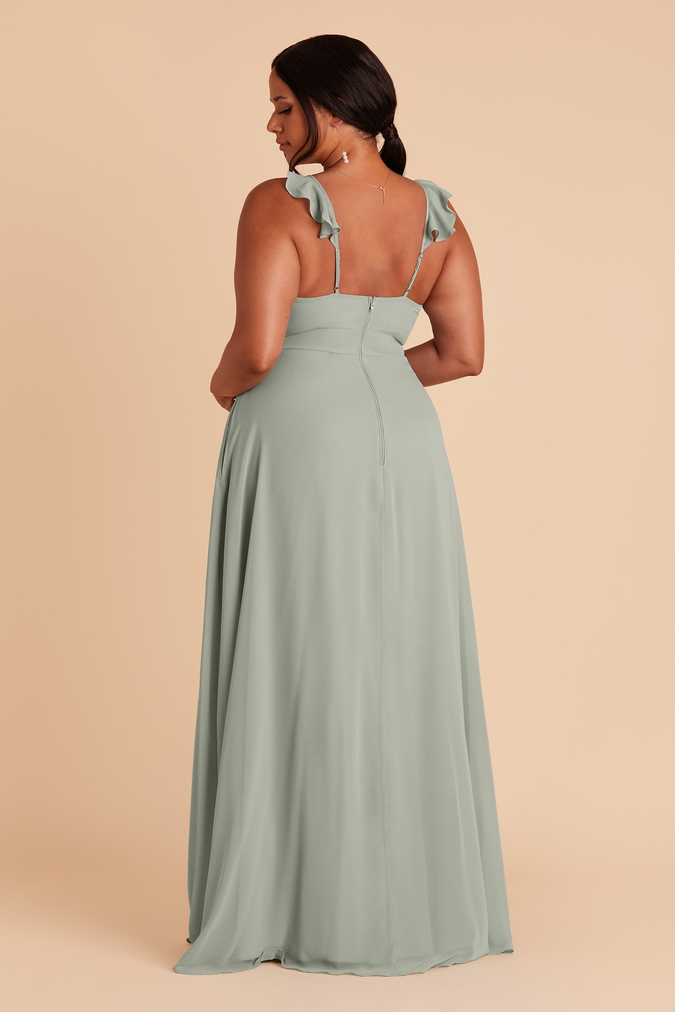 Adelle plus size bridesmaid dress with slit in sage chiffon by Birdy Grey, back view