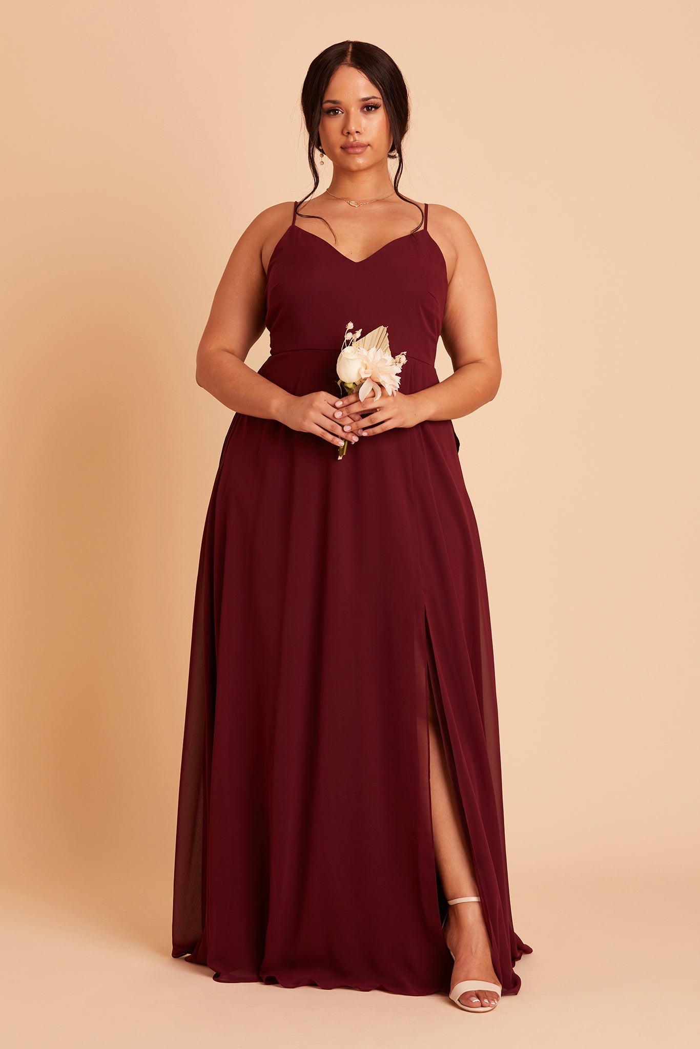 Adelle plus size bridesmaid dress with slit in cabernet burgundy chiffon by Birdy Grey, front view