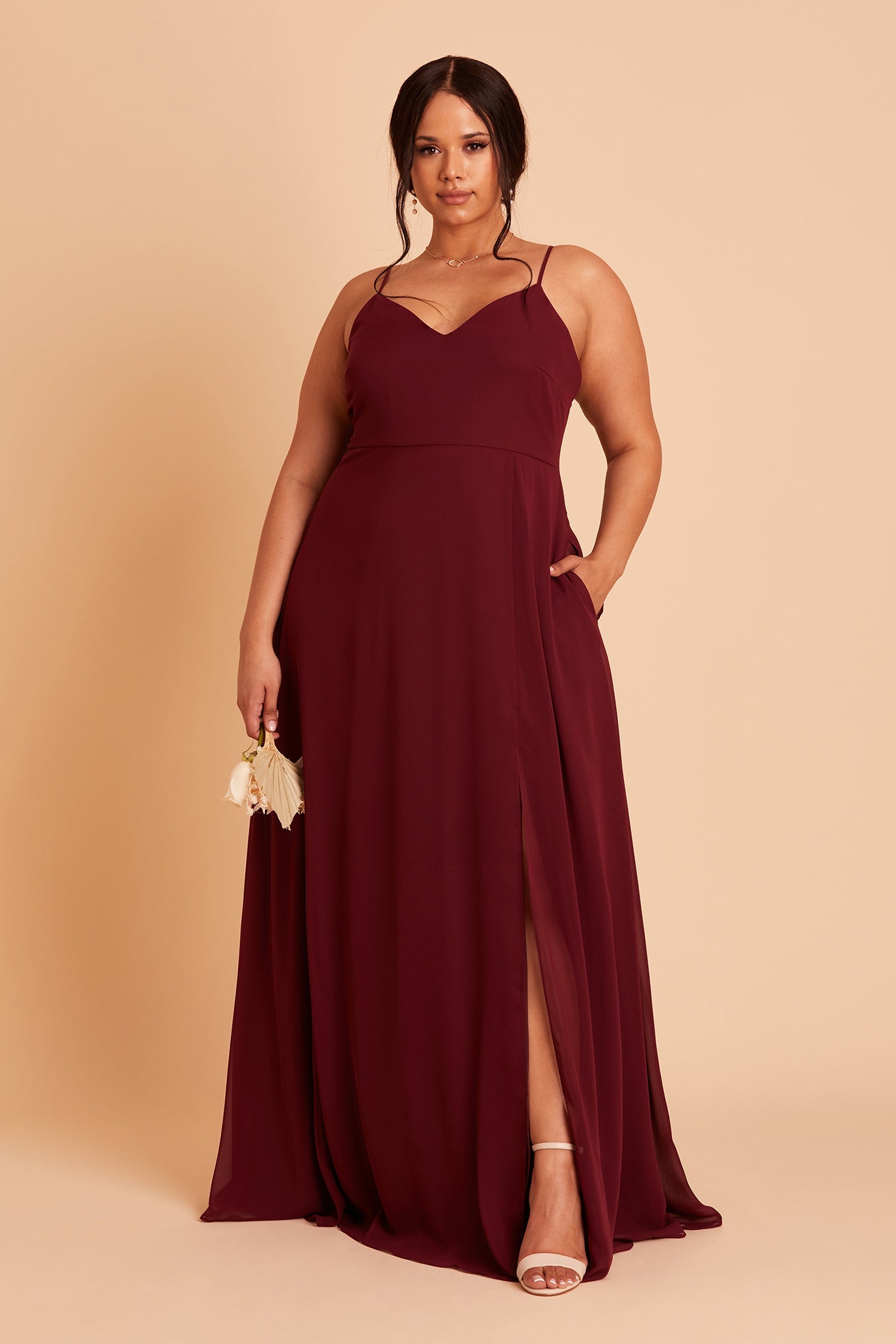 Adelle plus size bridesmaid dress with slit in cabernet burgundy chiffon by Birdy Grey, front view