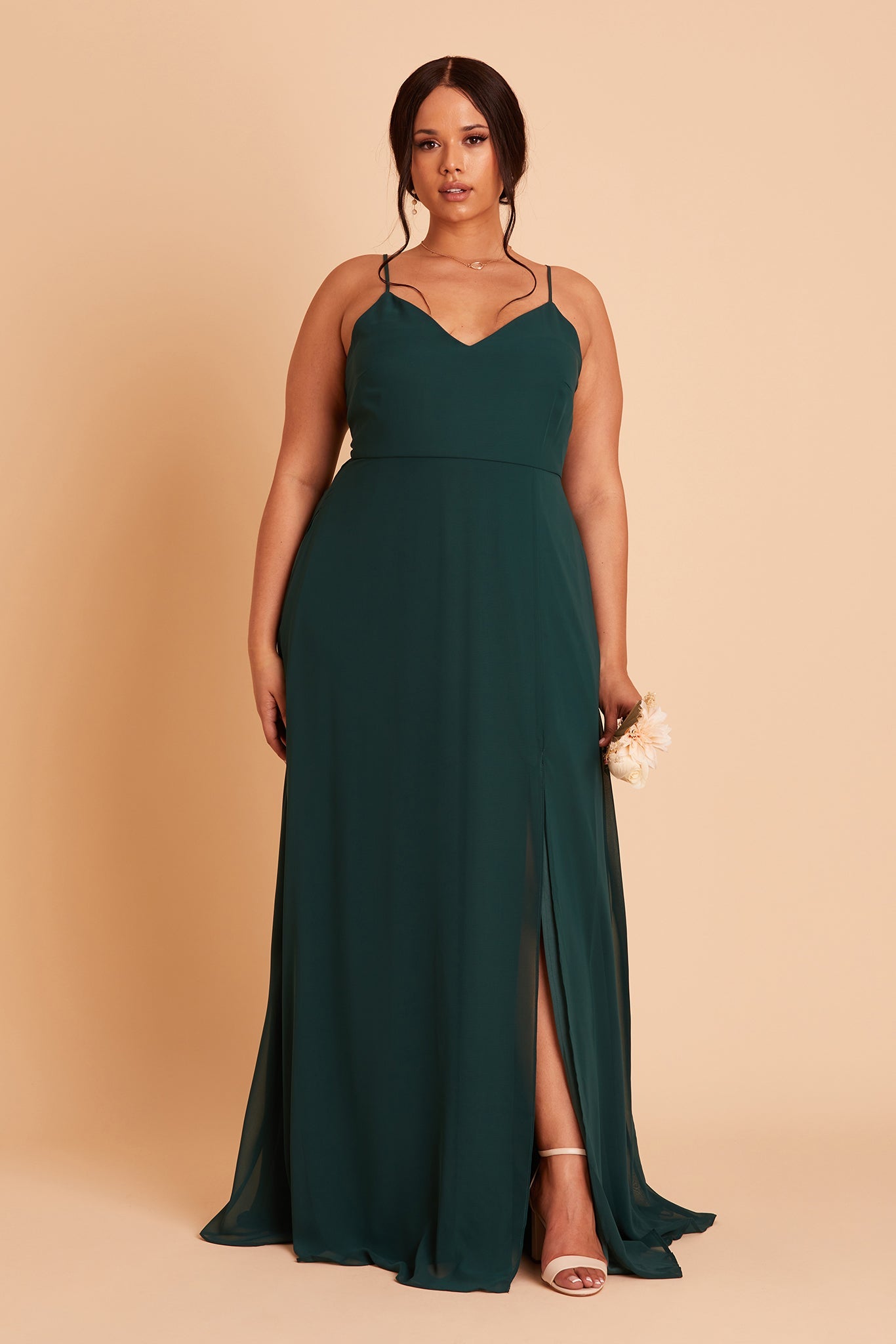 Adelle plus size bridesmaid dress with slit in emerald green chiffon by Birdy Grey, front view