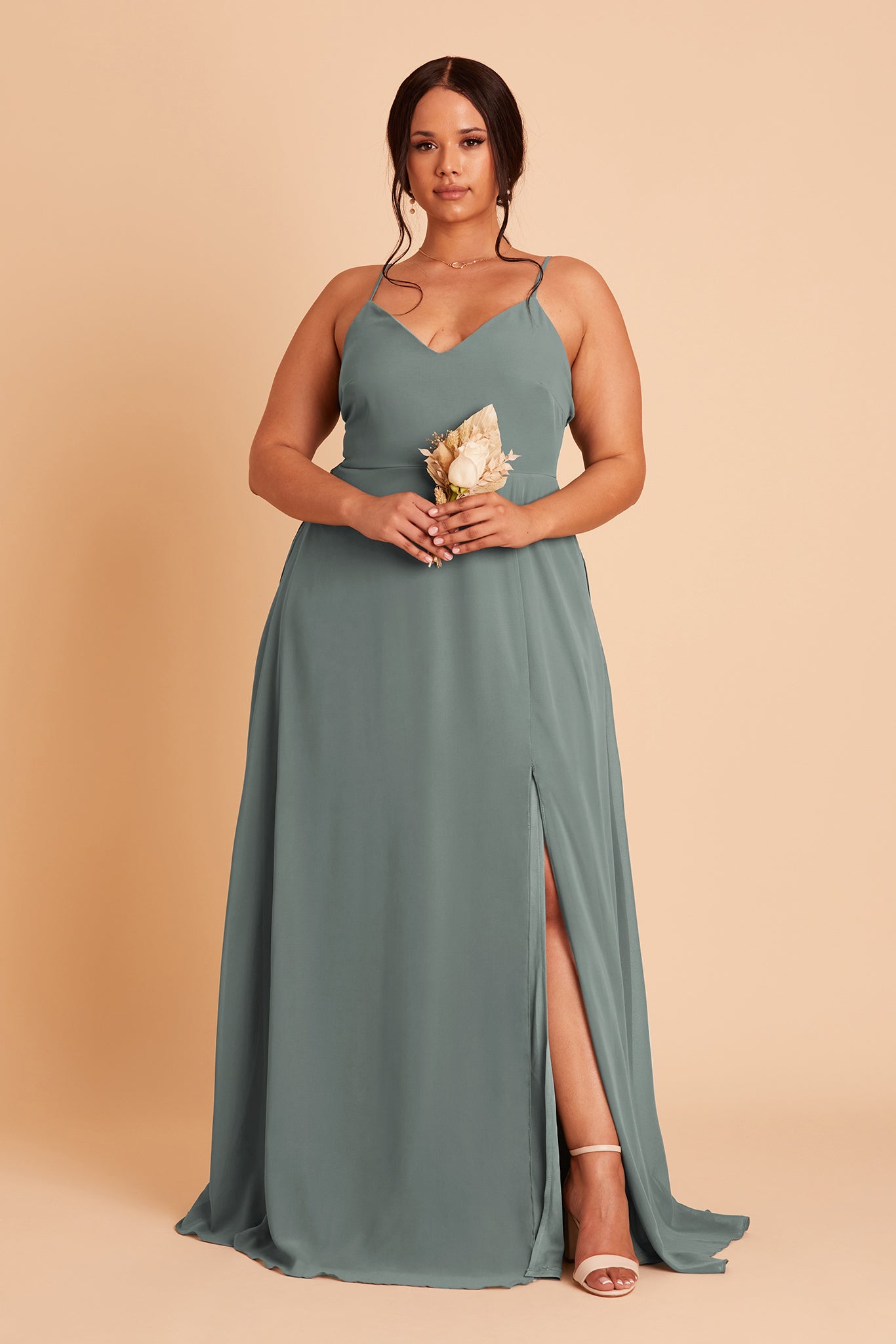 Adelle plus size bridesmaid dress with slit in sea glass green chiffon by Birdy Grey, front view