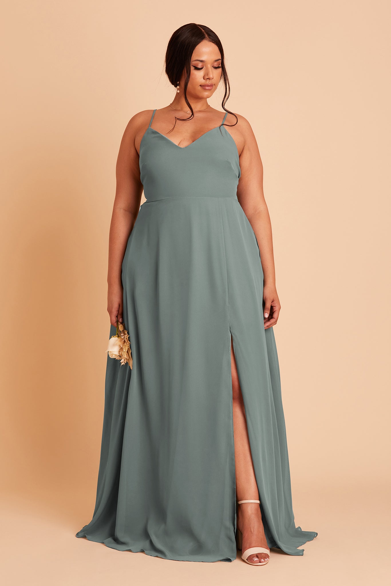 Adelle plus size bridesmaid dress with slit in sea glass green chiffon by Birdy Grey, front view