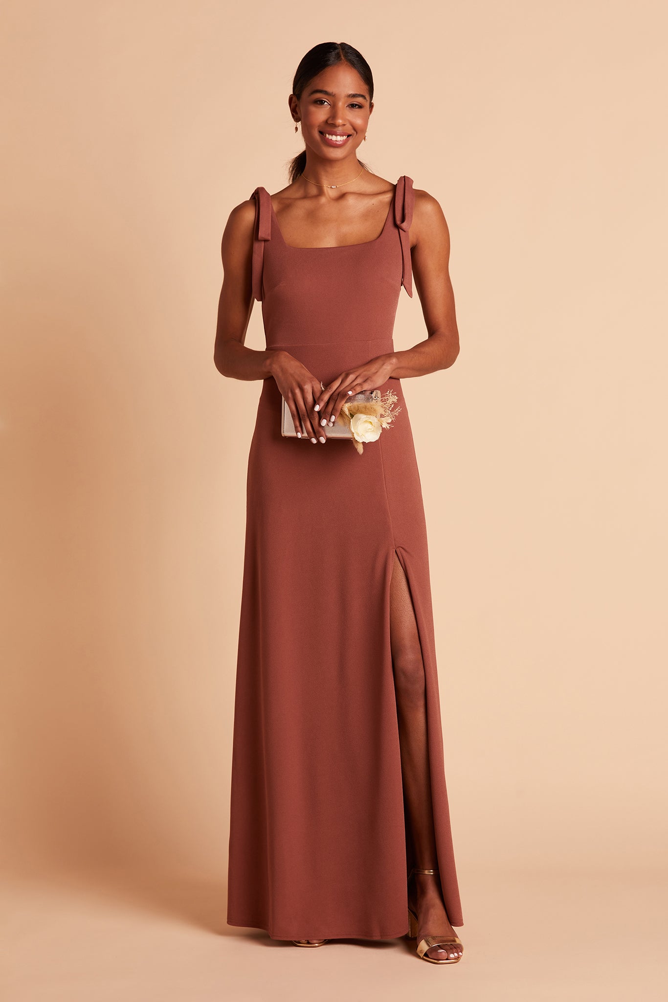 Alex convertible bridesmaid dress with slit in desert rose crepe by Birdy Grey, front view