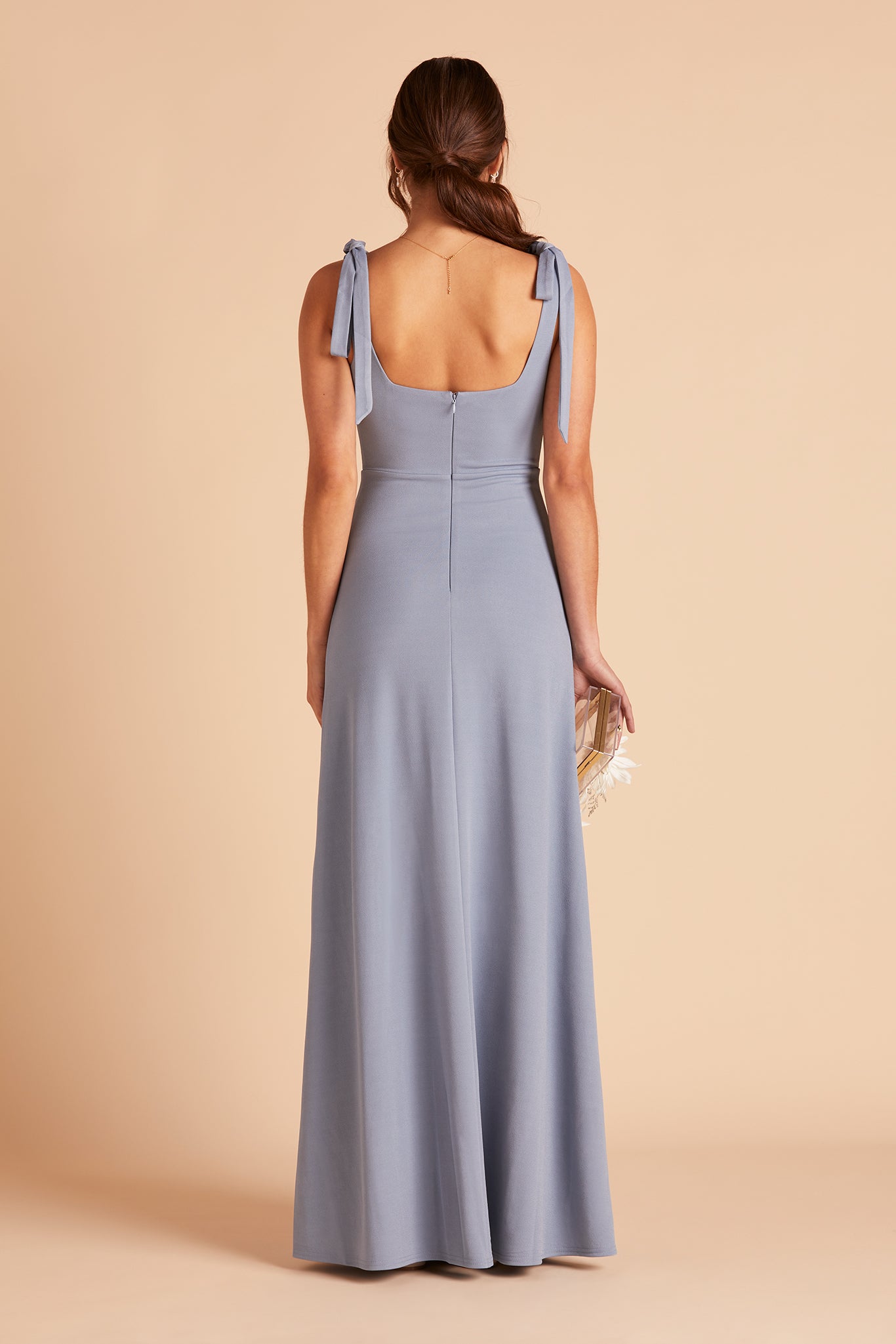 Alex convertible bridesmaid dress with slit in dusty blue crepe by Birdy Grey, back view