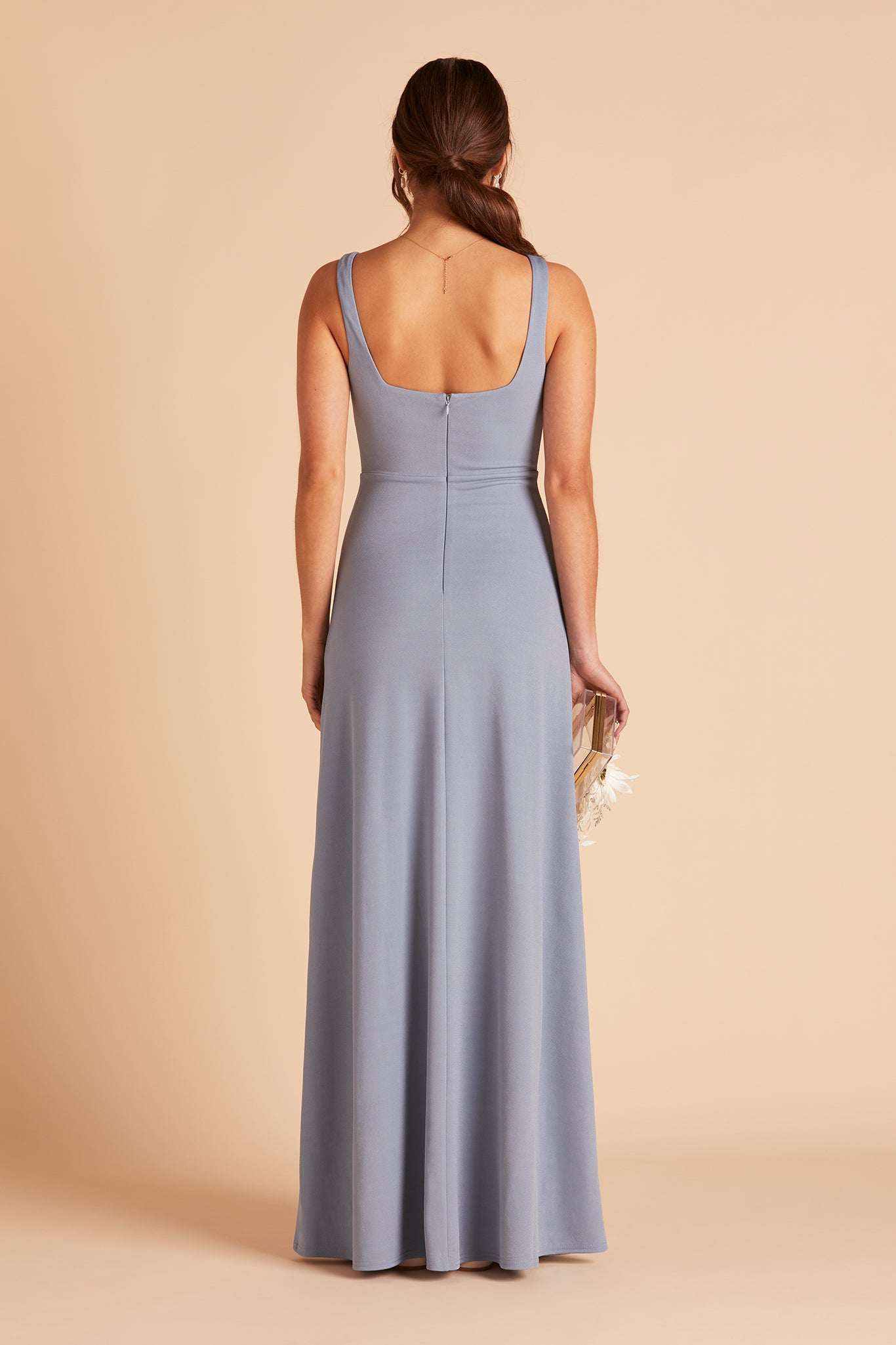 Alex convertible bridesmaid dress with slit in dusty blue crepe by Birdy Grey, back view