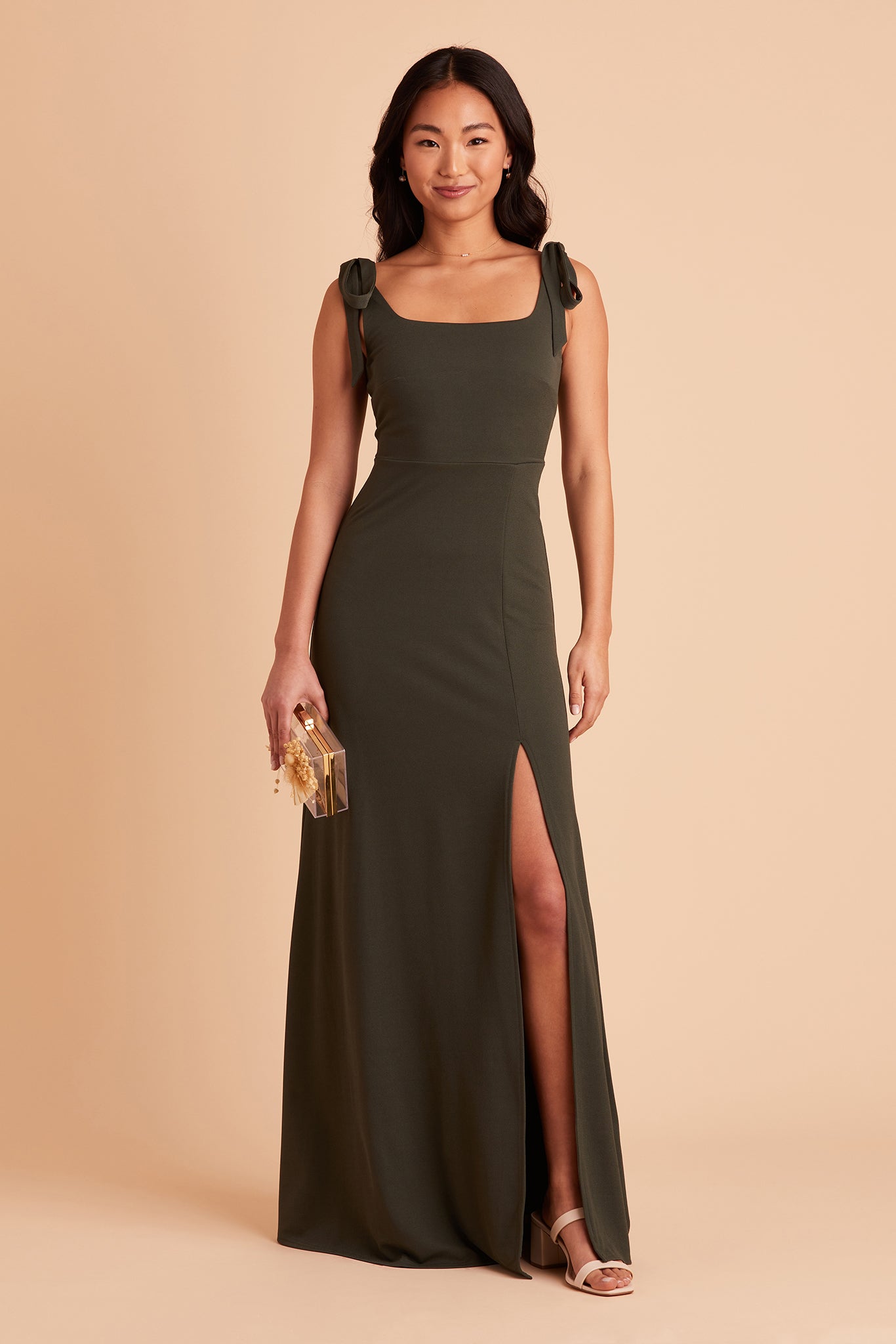 Alex convertible bridesmaid dress with slit in olive crepe by Birdy Grey, front view