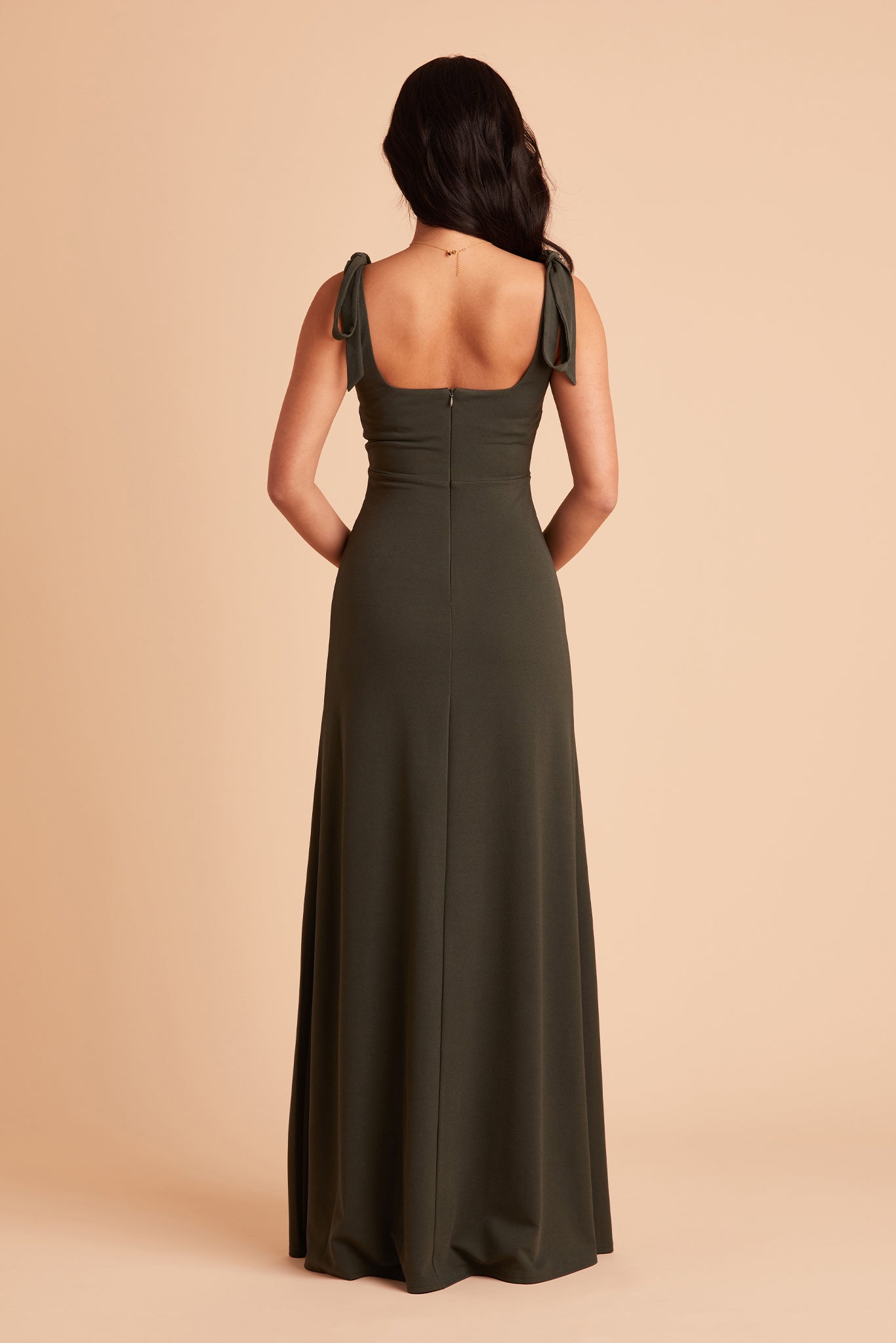 Alex convertible bridesmaid dress with slit in olive crepe by Birdy Grey, back view