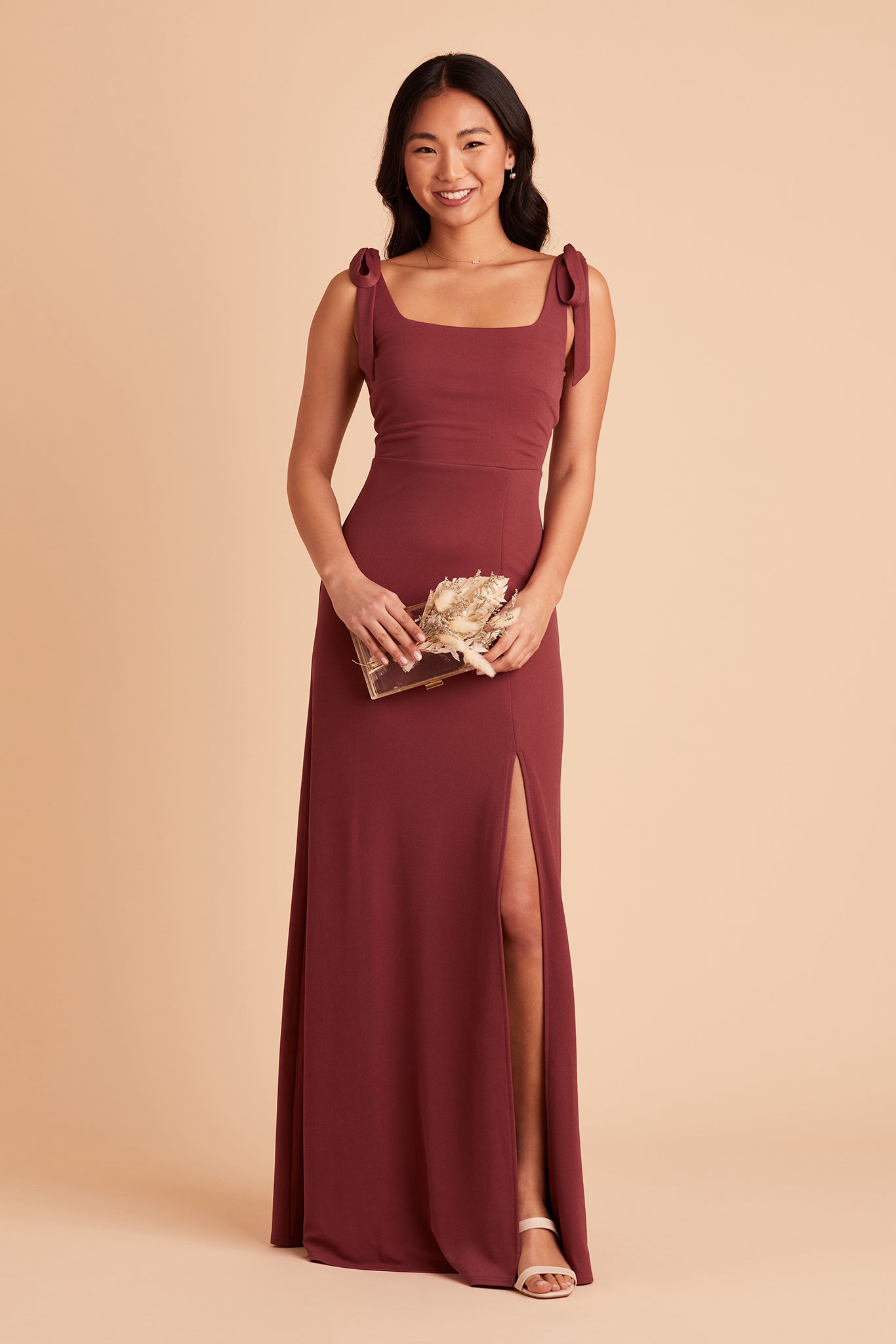 Alex convertible bridesmaid dress with slit in rosewood crepe by Birdy Grey, front view