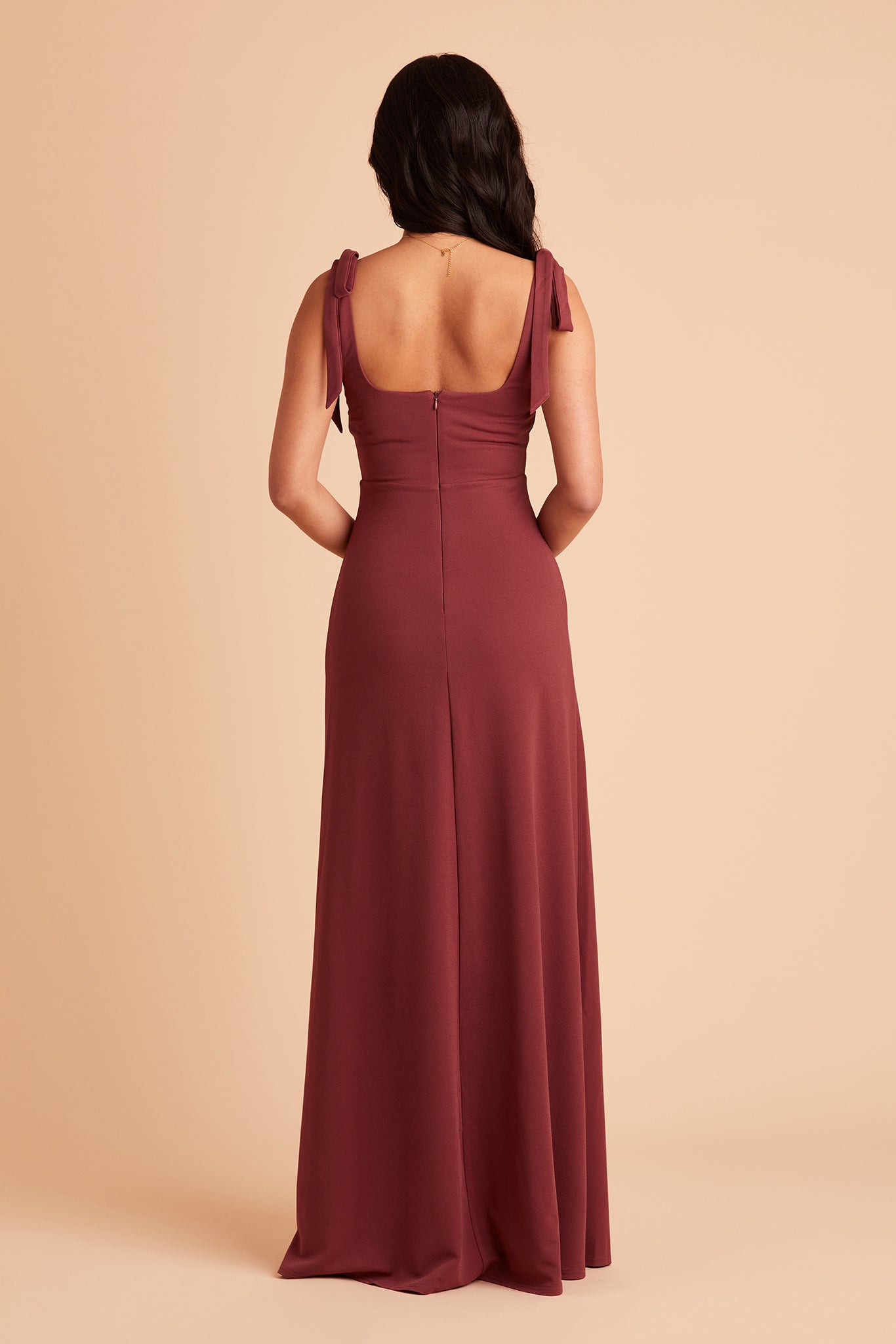 Alex convertible bridesmaid dress with slit in rosewood crepe by Birdy Grey, back view