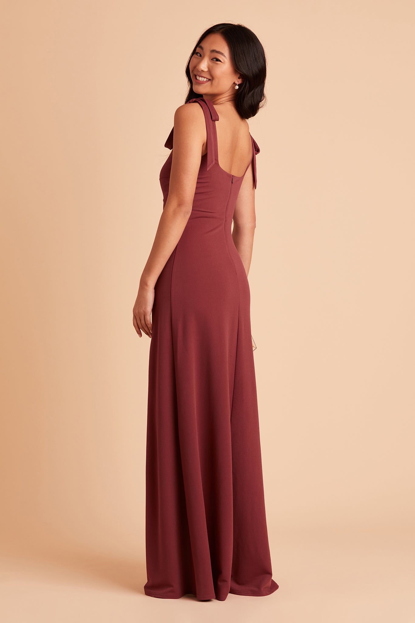 Alex convertible bridesmaid dress with slit in rosewood crepe by Birdy Grey, side view