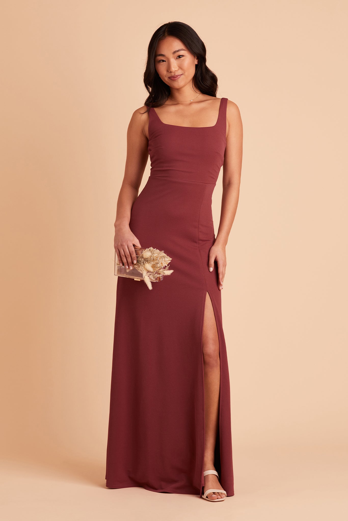 Alex convertible bridesmaid dress with slit in rosewood crepe by Birdy Grey, front view