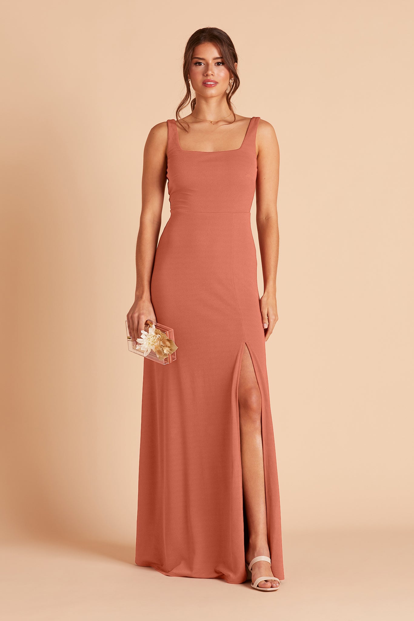 Alex convertible bridesmaid dress with slit in terracotta crepe by Birdy Grey, front view