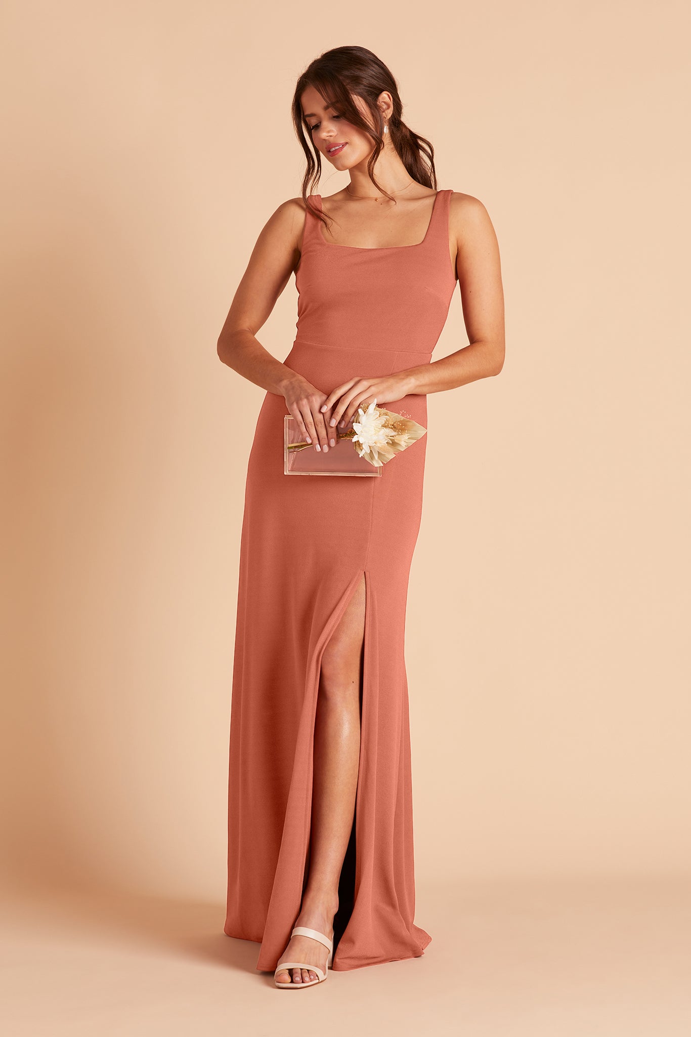 Alex convertible bridesmaid dress with slit in terracotta crepe by Birdy Grey, front view