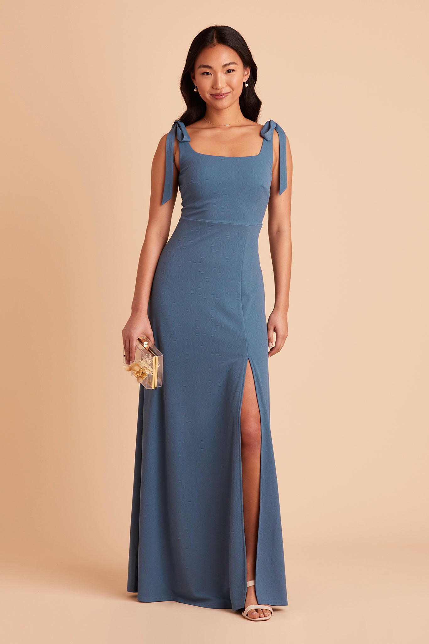Alex convertible bridesmaid dress with slit in twilight crepe by Birdy Grey, front view