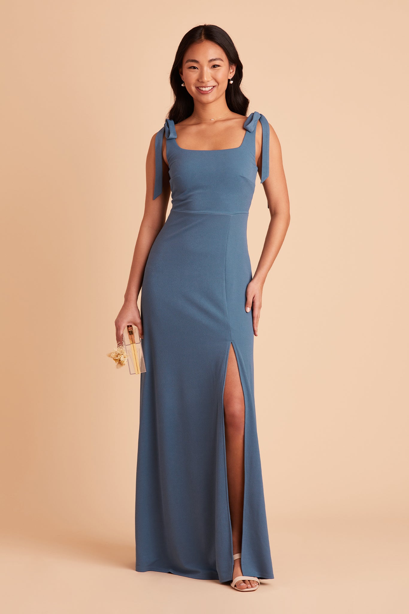 Alex convertible bridesmaid dress with slit in twilight crepe by Birdy Grey, front view