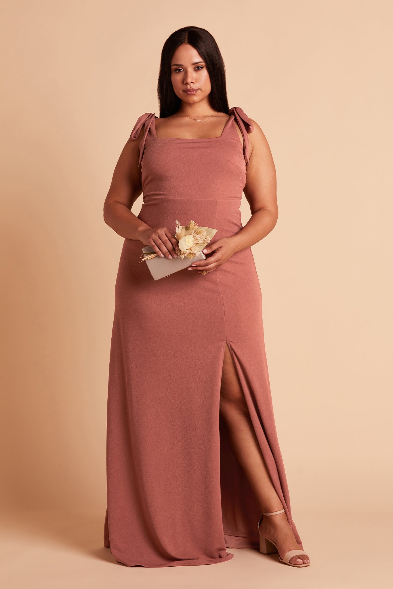 Alex convertible plus size bridesmaid dress with slit in desert rose crepe by Birdy Grey, front view