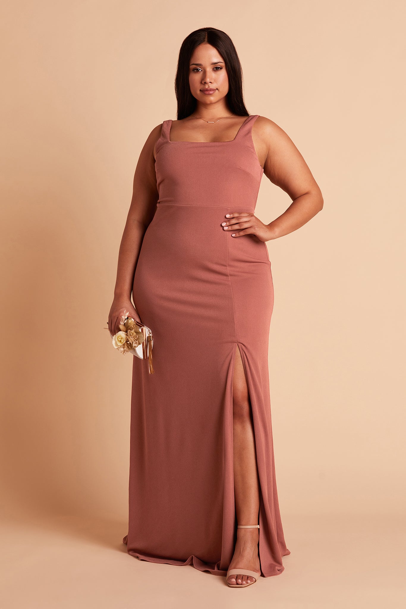 Alex convertible plus size bridesmaid dress with slit in desert rose crepe by Birdy Grey, front view
