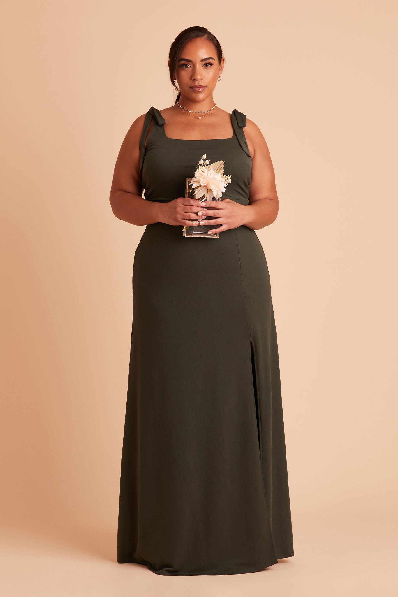 Alex convertible plus size bridesmaid dress with slit in olive crepe by Birdy Grey, front view