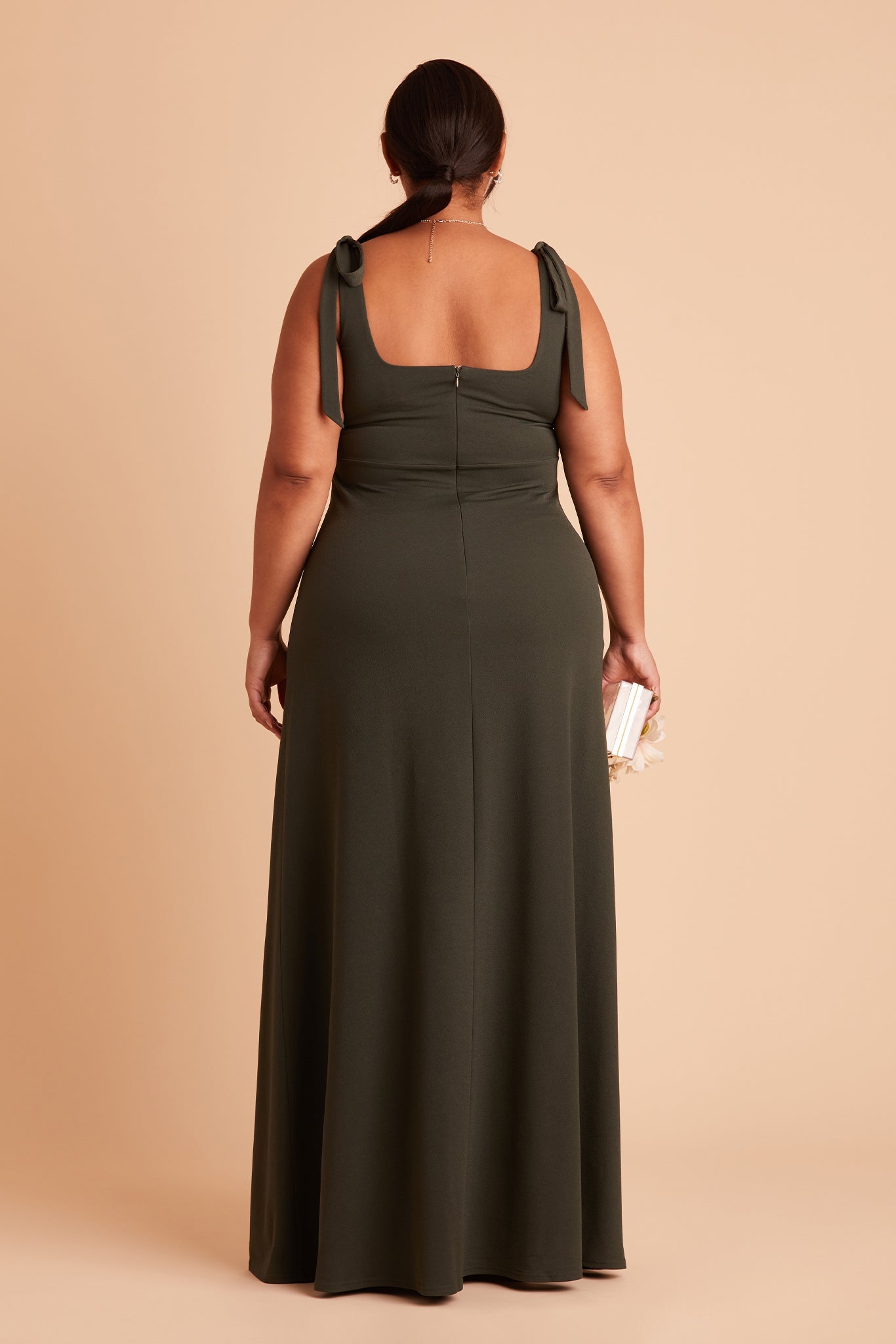 Alex convertible plus size bridesmaid dress with slit in olive crepe by Birdy Grey, back view