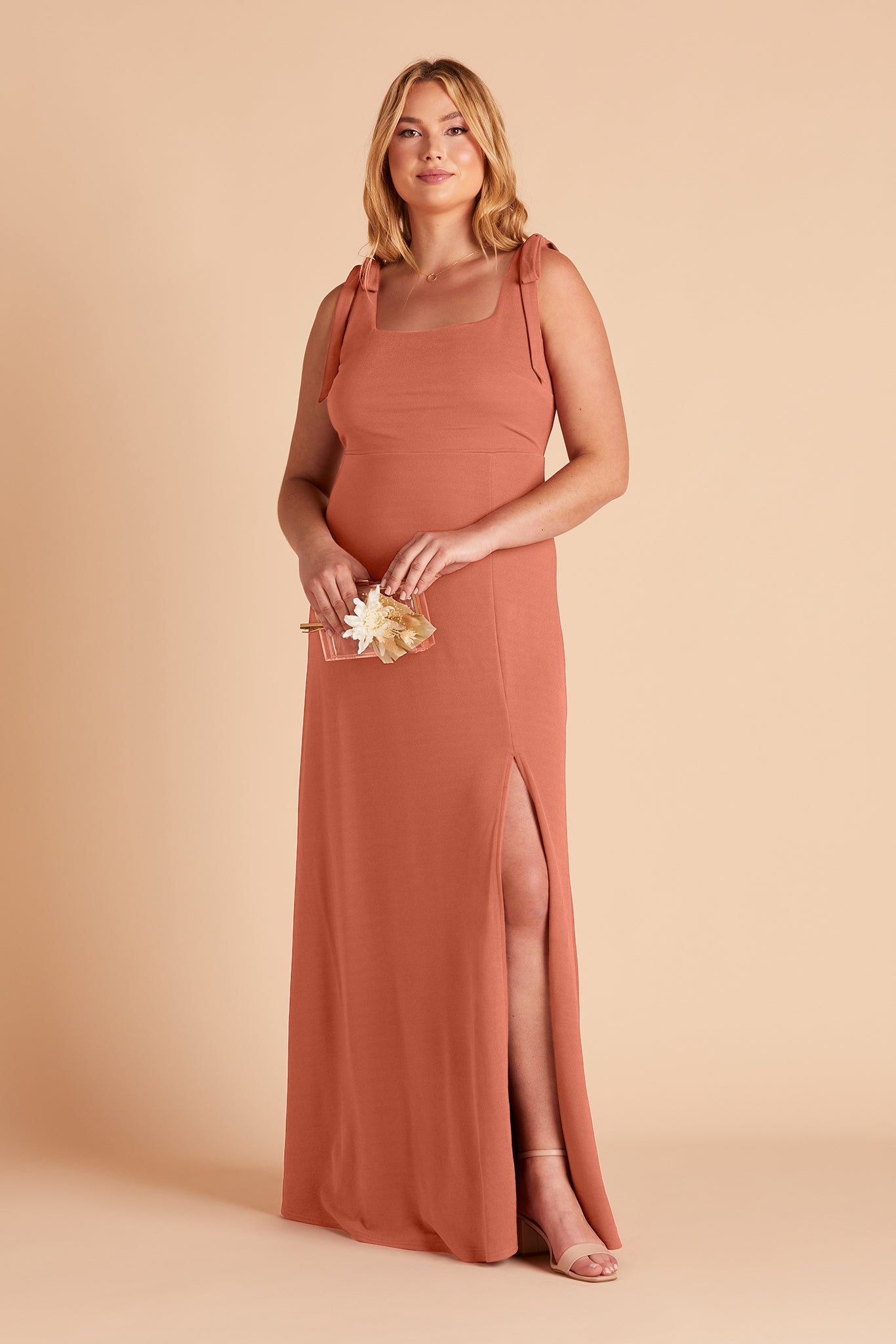 Alex plus size convertible bridesmaid dress with slit in terracotta crepe by Birdy Grey, front view