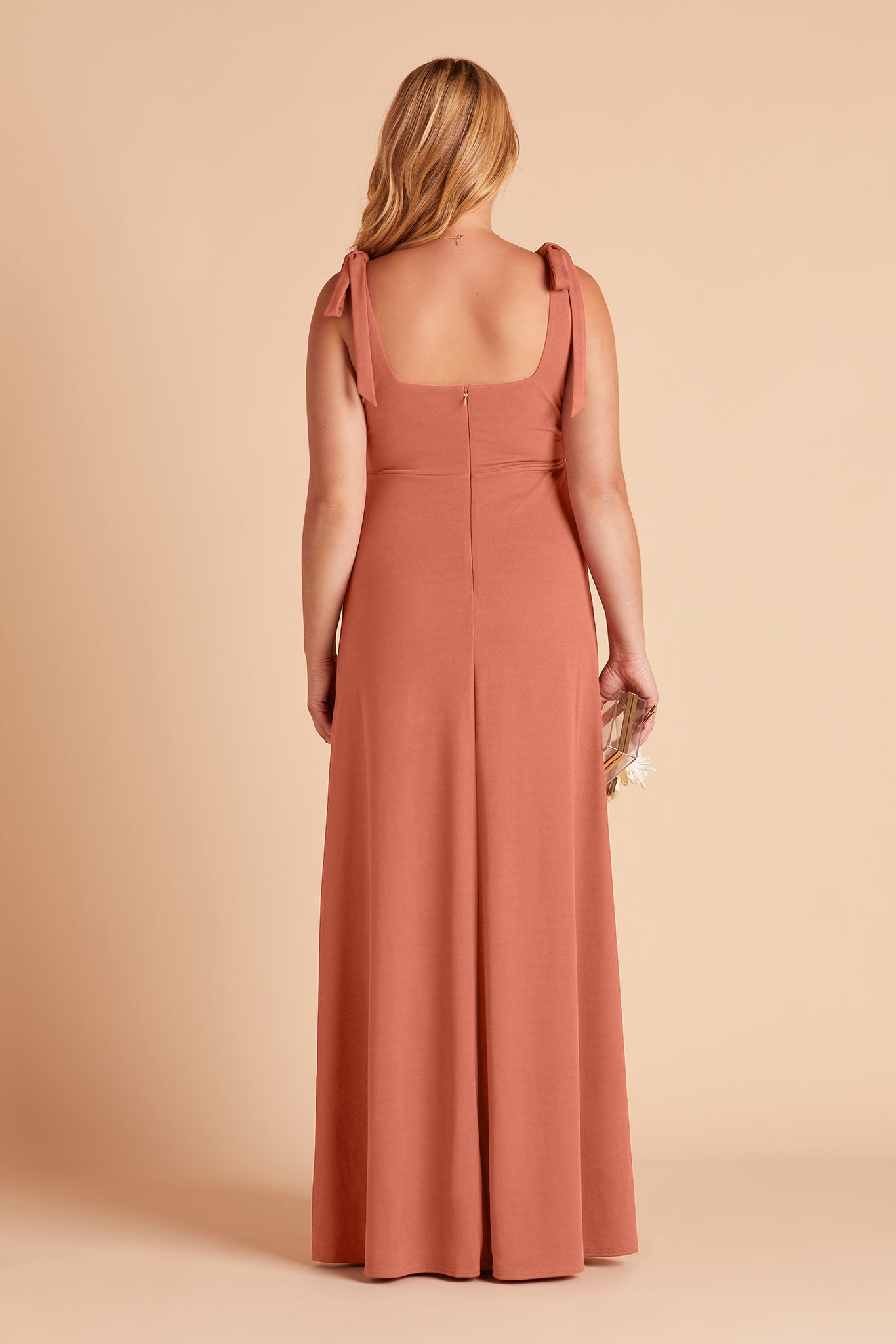 Alex plus size convertible bridesmaid dress with slit in terracotta crepe by Birdy Grey, back view