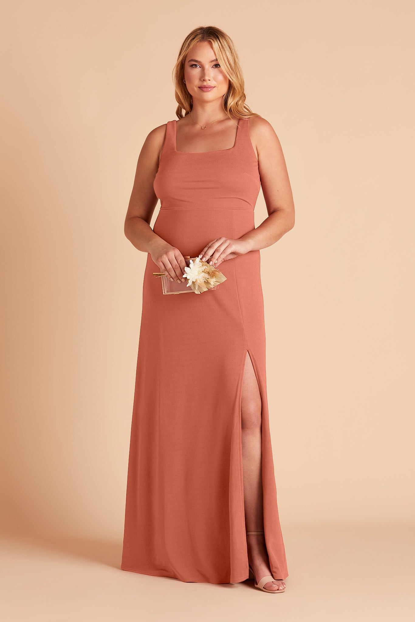 Alex plus size convertible bridesmaid dress with slit in terracotta crepe by Birdy Grey, front view