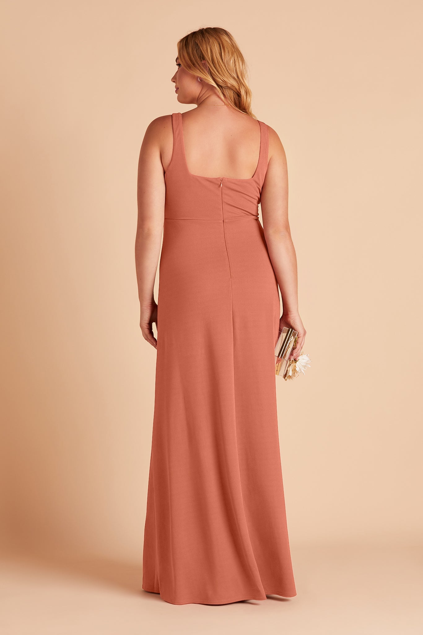 Alex plus size convertible bridesmaid dress with slit in terracotta crepe by Birdy Grey, back view