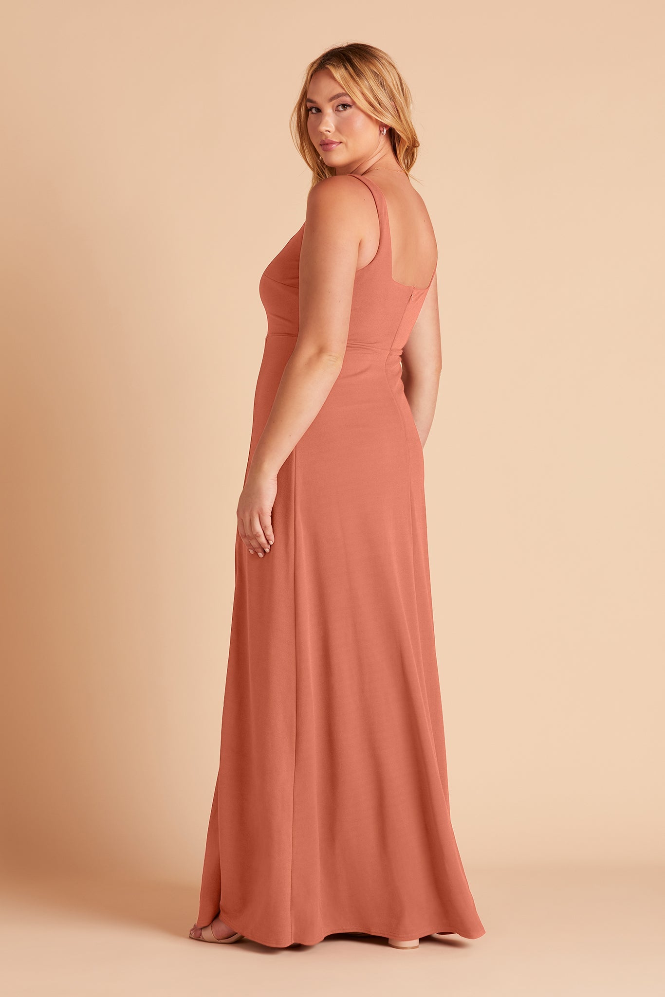 Alex plus size convertible bridesmaid dress with slit in terracotta crepe by Birdy Grey, side view