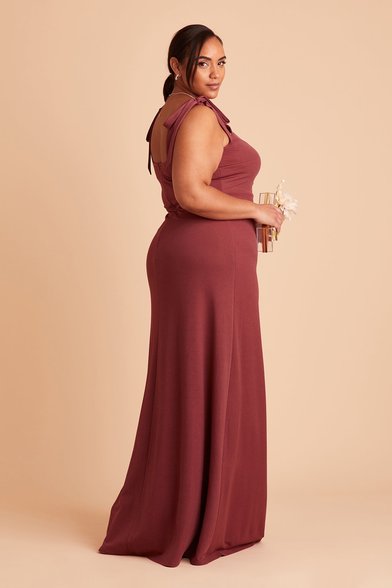 Alex convertible plus size bridesmaid dress with slit in rosewood crepe by Birdy Grey, side view