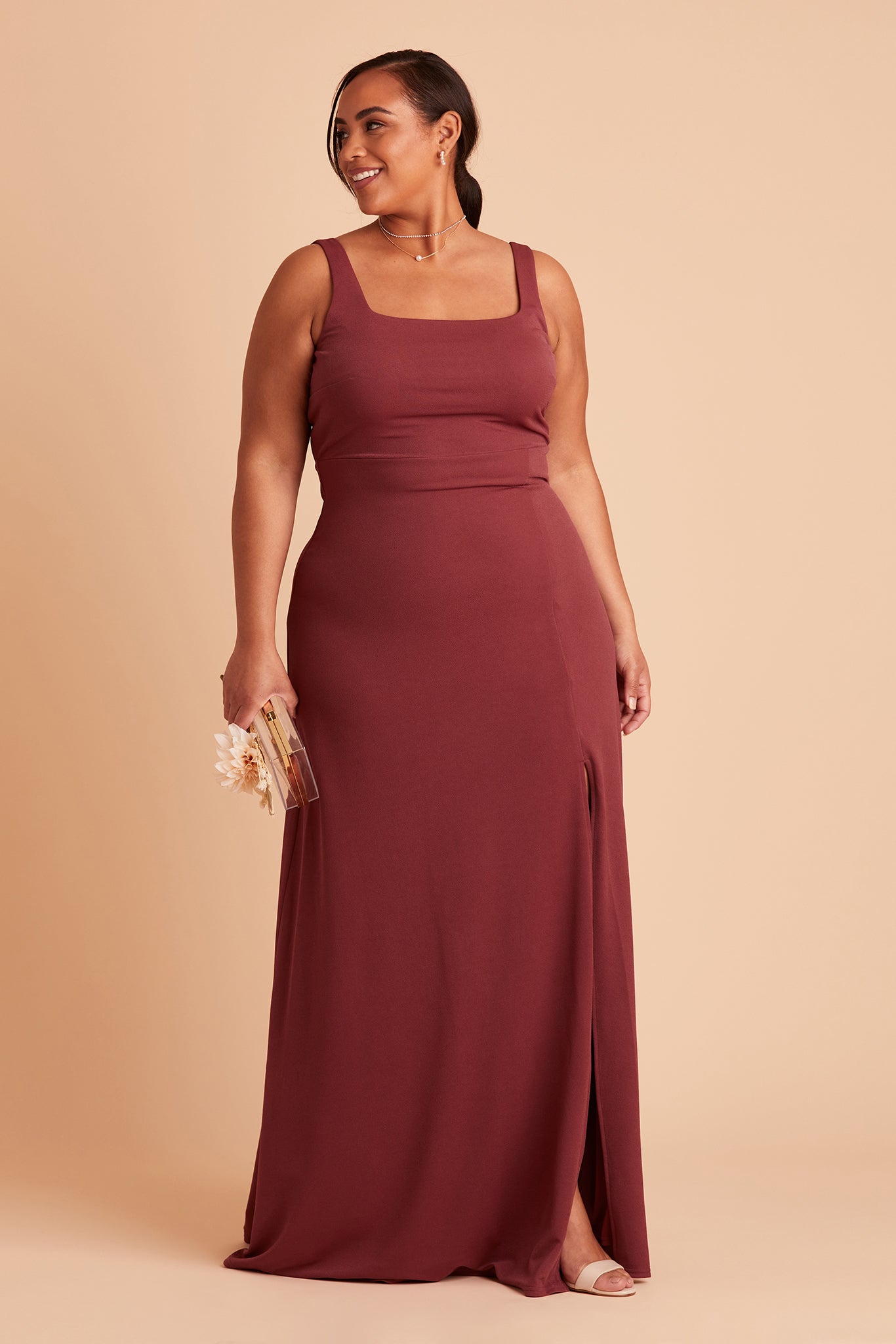 Alex convertible plus size bridesmaid dress with slit in rosewood crepe by Birdy Grey, front view