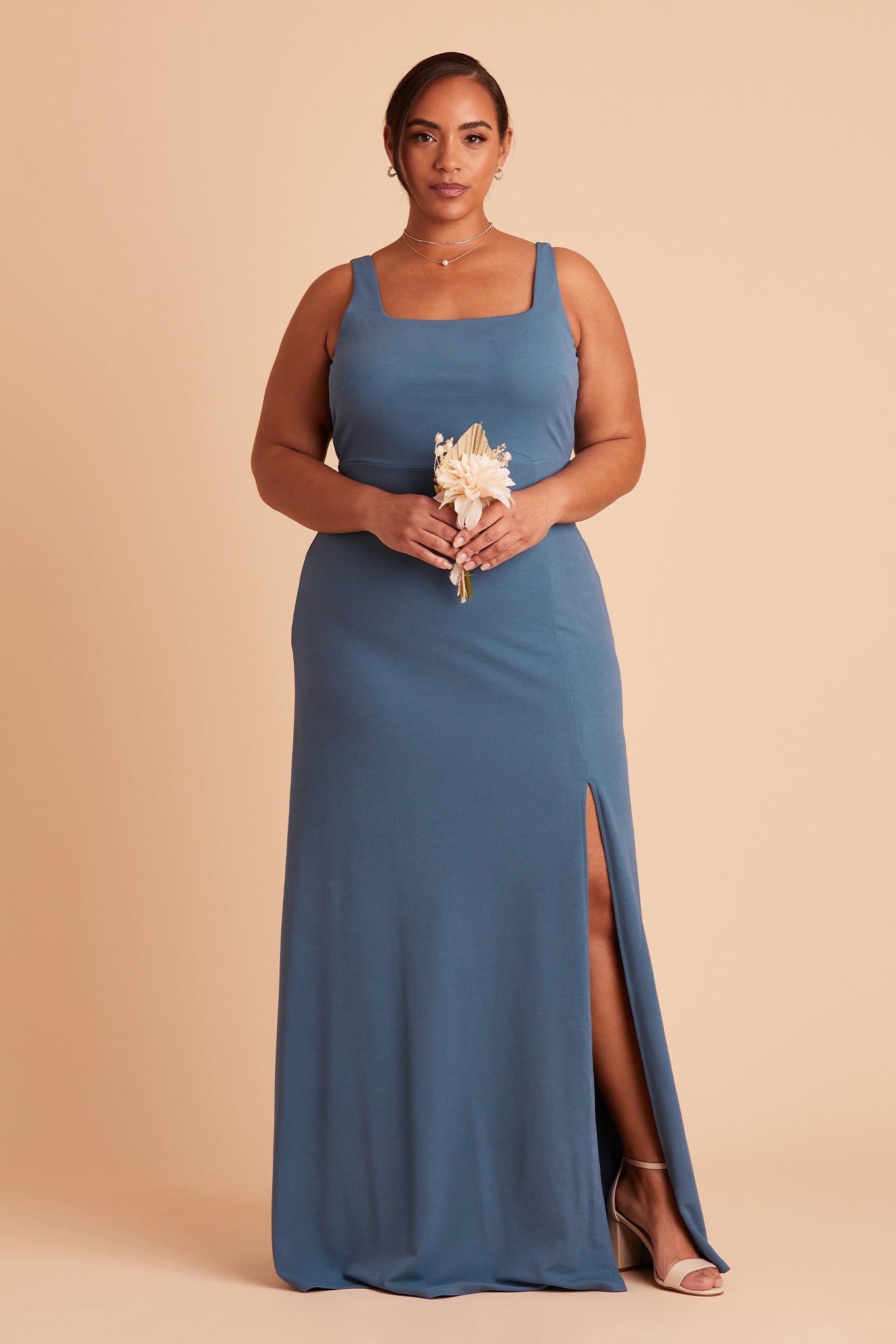 Alex convertible plus size bridesmaid dress with slit in twilight crepe by Birdy Grey, front view