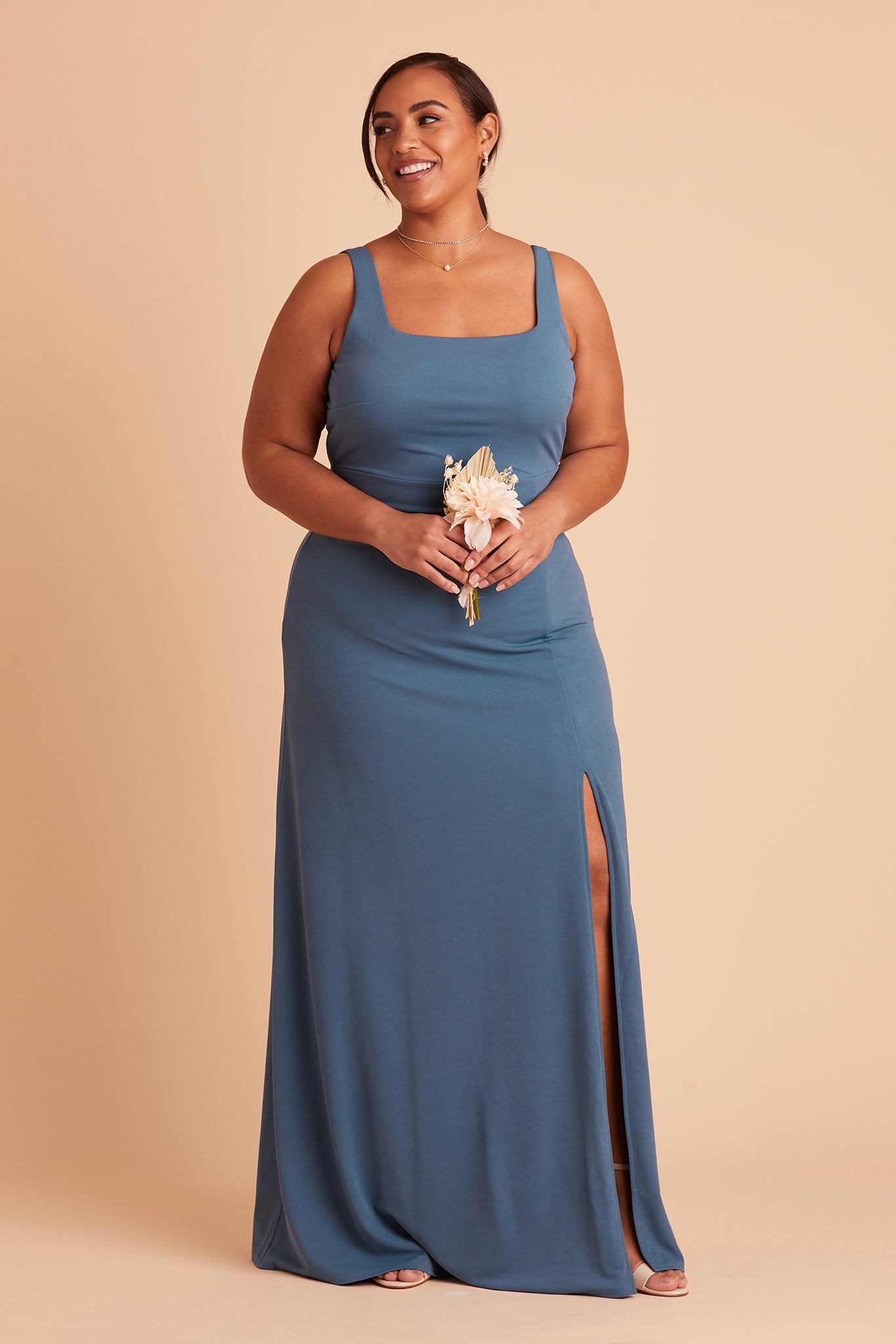Alex convertible plus size bridesmaid dress with slit in twilight crepe by Birdy Grey, front view